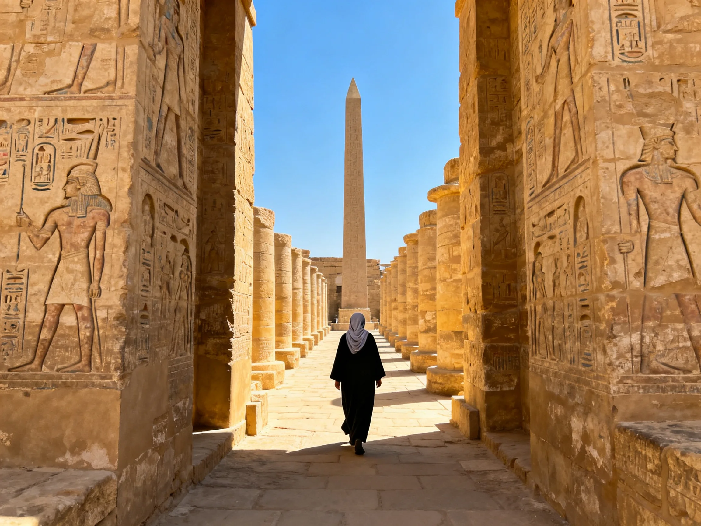 Ancient Egyptian temple corridor with carved stone walls and an obelisk