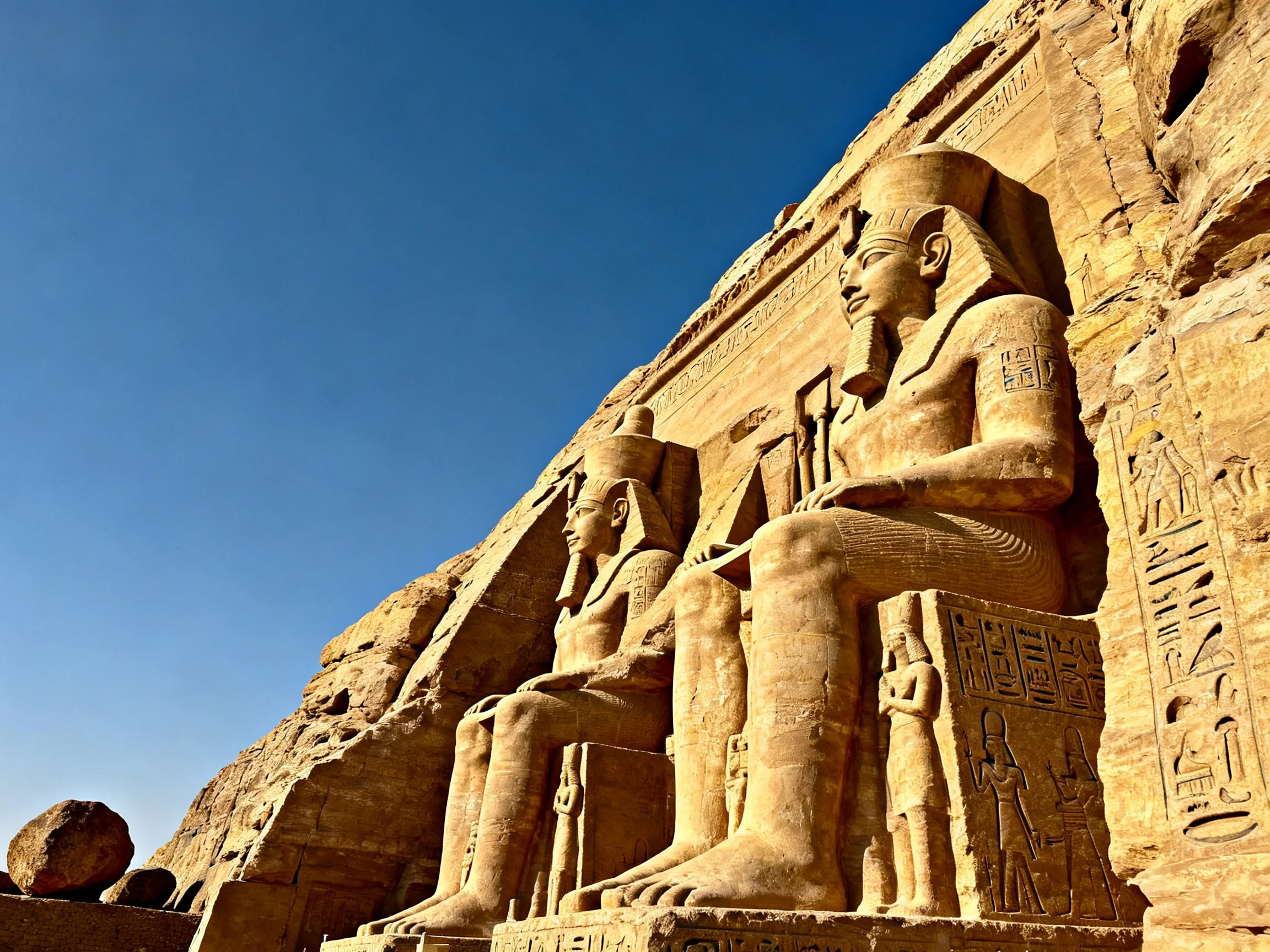 Ancient Egyptian temple statues carved into sandstone cliffs under clear blue sky