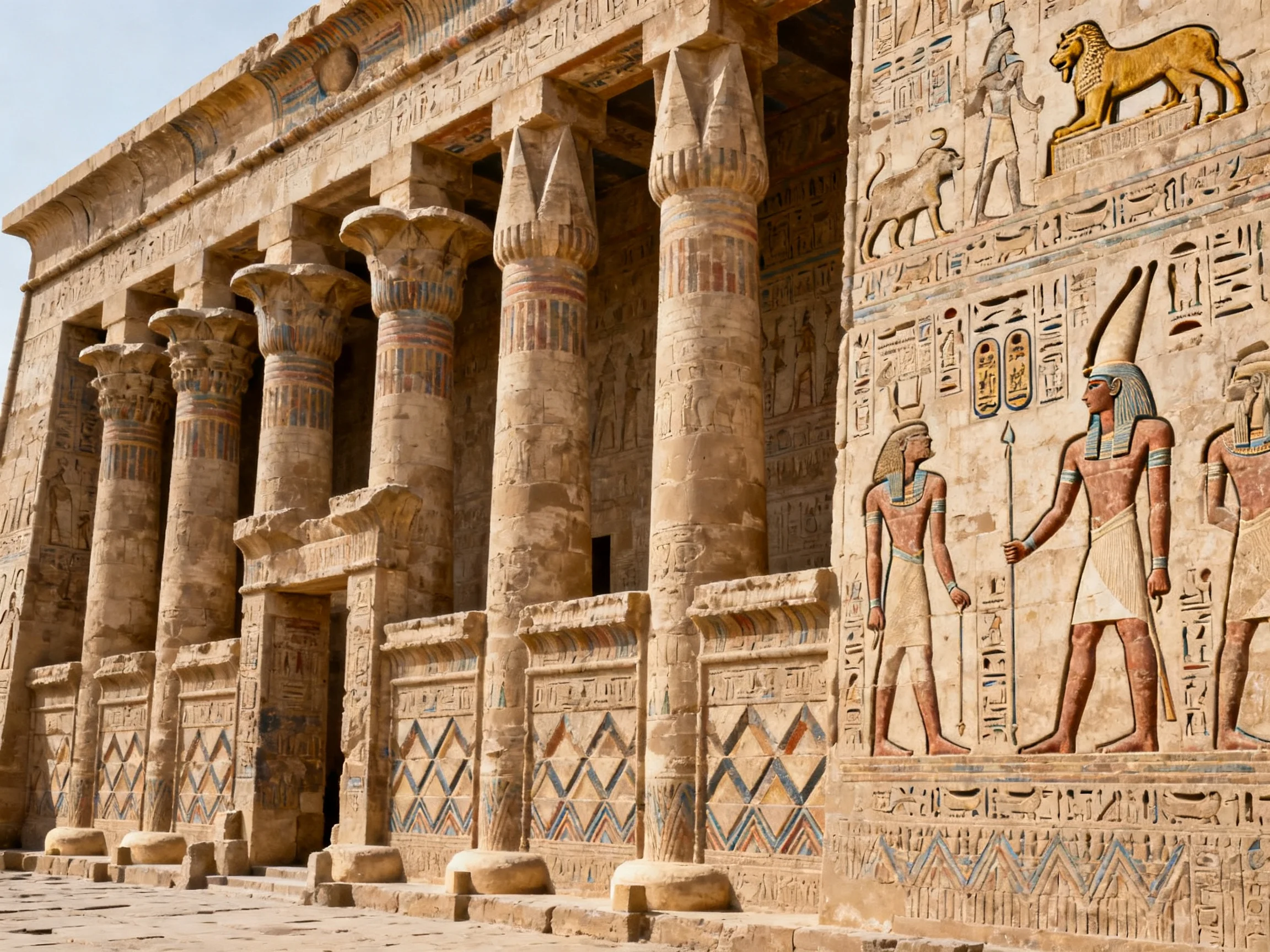 Ancient Egyptian temple with colorful stone carvings and tall columns