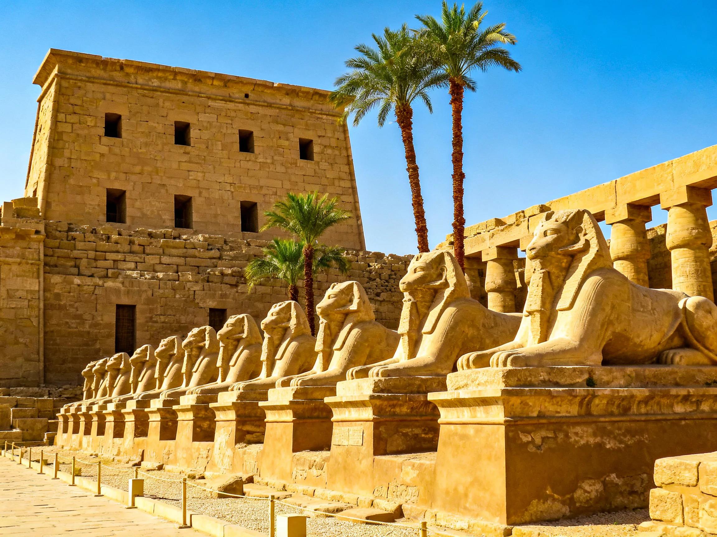 Ancient Egyptian temple with row of stone sphinx statues and sandy architecture