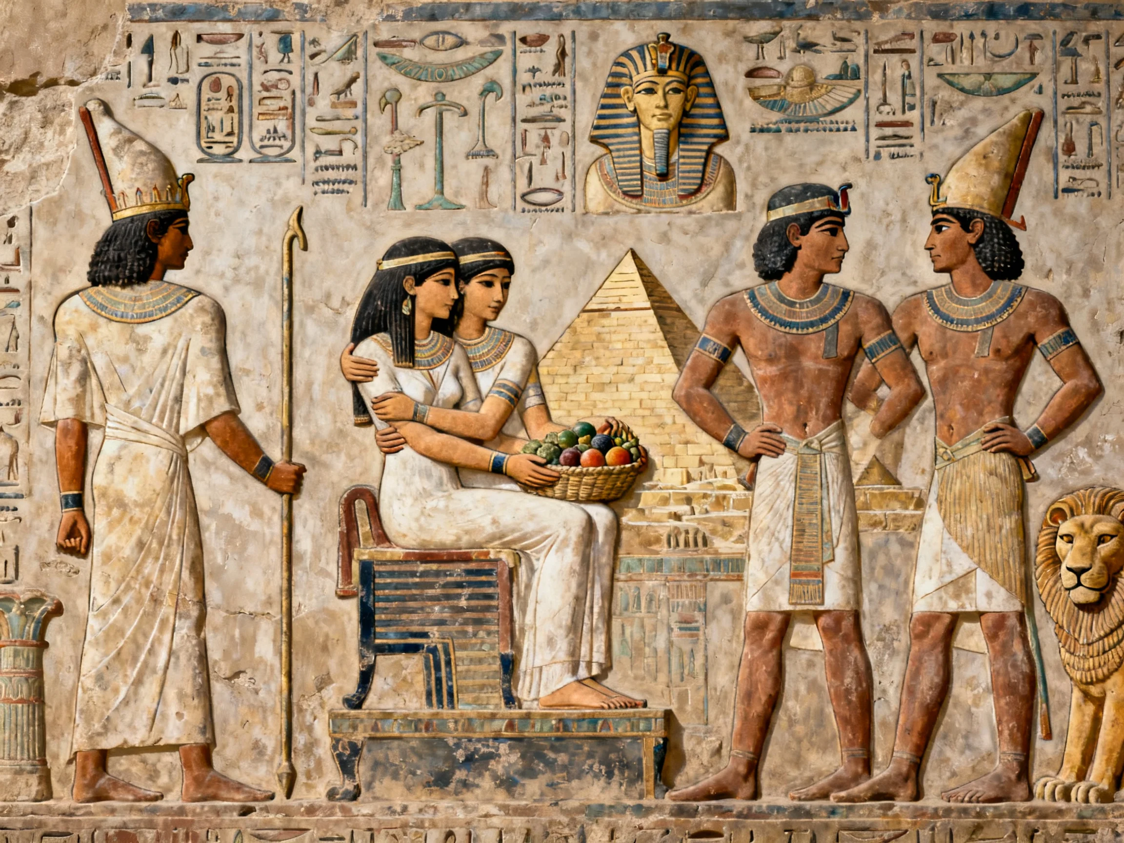 Ancient Egyptian tomb relief with royal figures, pyramids, and hieroglyphs