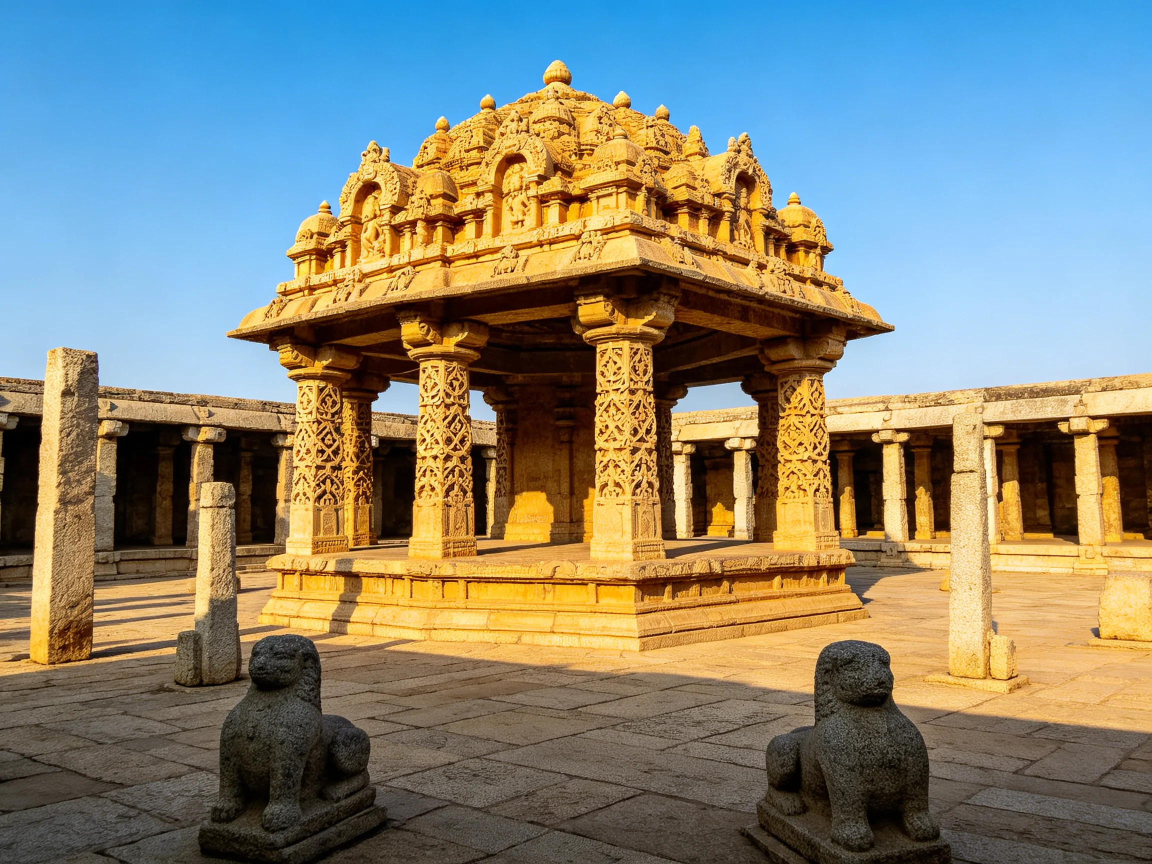 Ancient Golden Temple with Carved Columns and Stone Lions