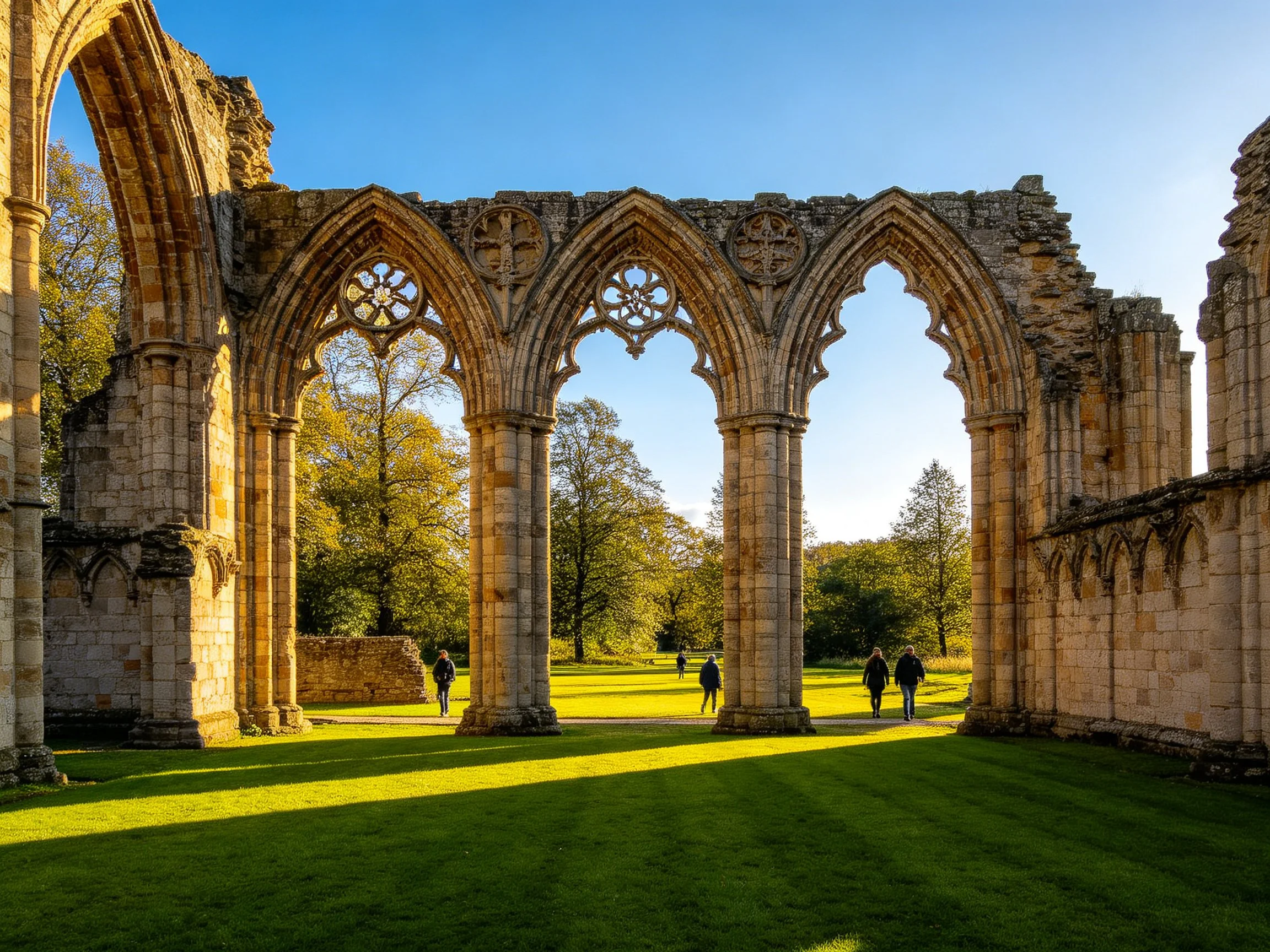 Ancient Gothic Ruin Arches with Stone Columns and Green Lawn