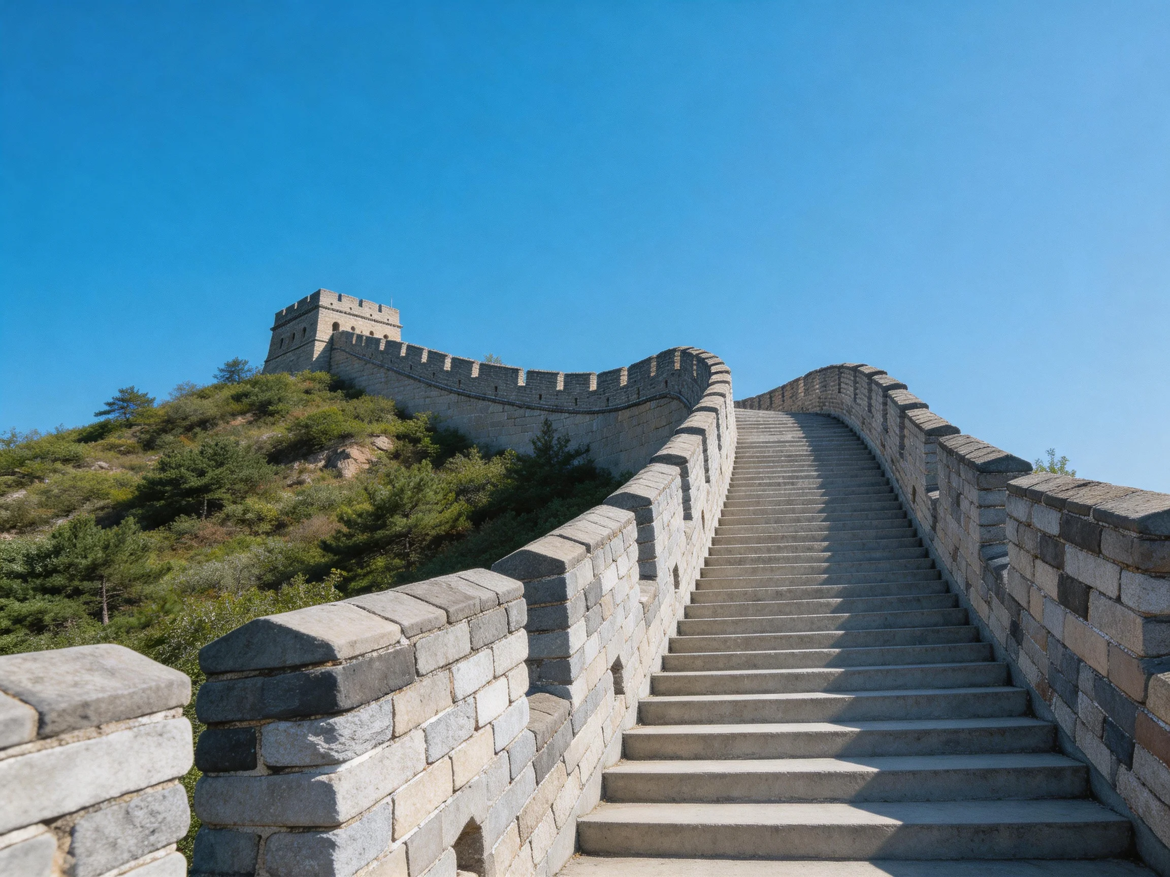Ancient Great Wall with stone stairs and watchtower under clear blue sky