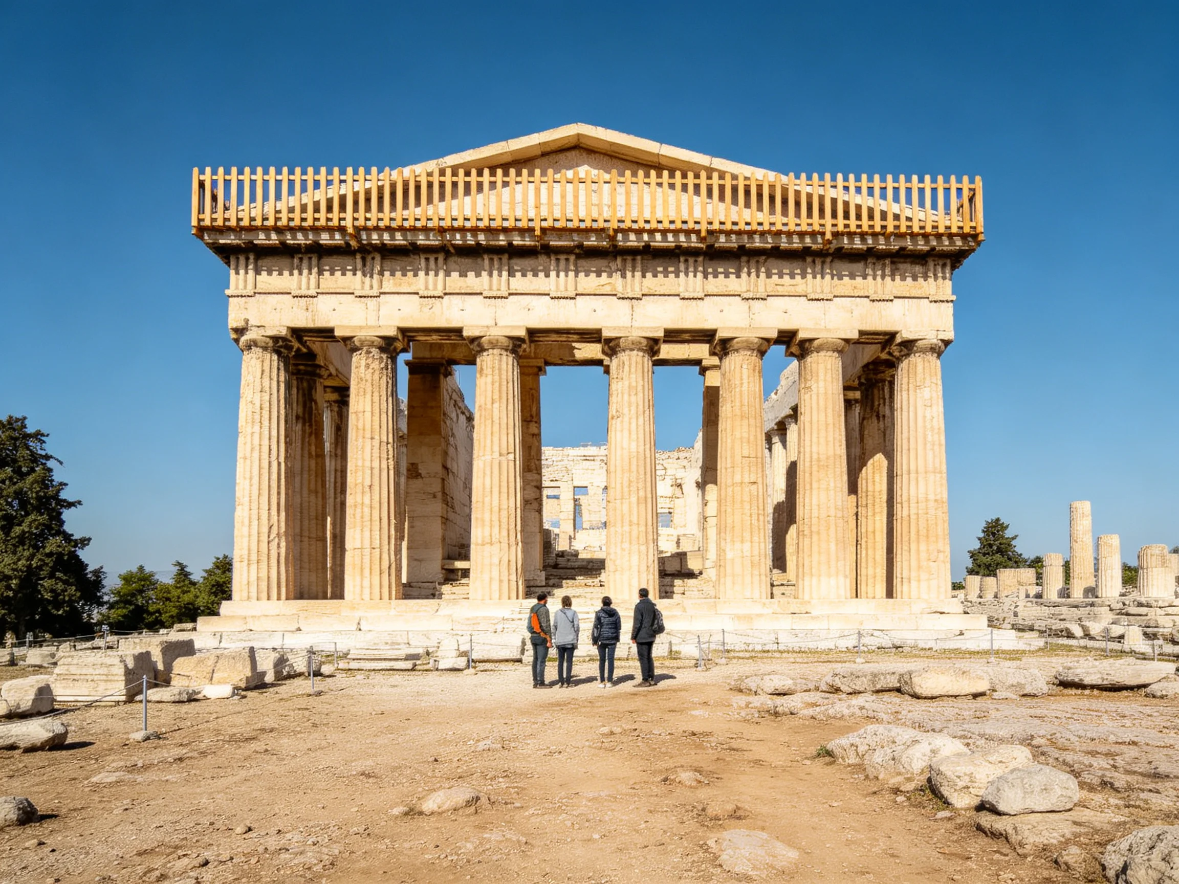 Ancient Greek Temple with Tall Stone Columns Under Clear Blue Sky