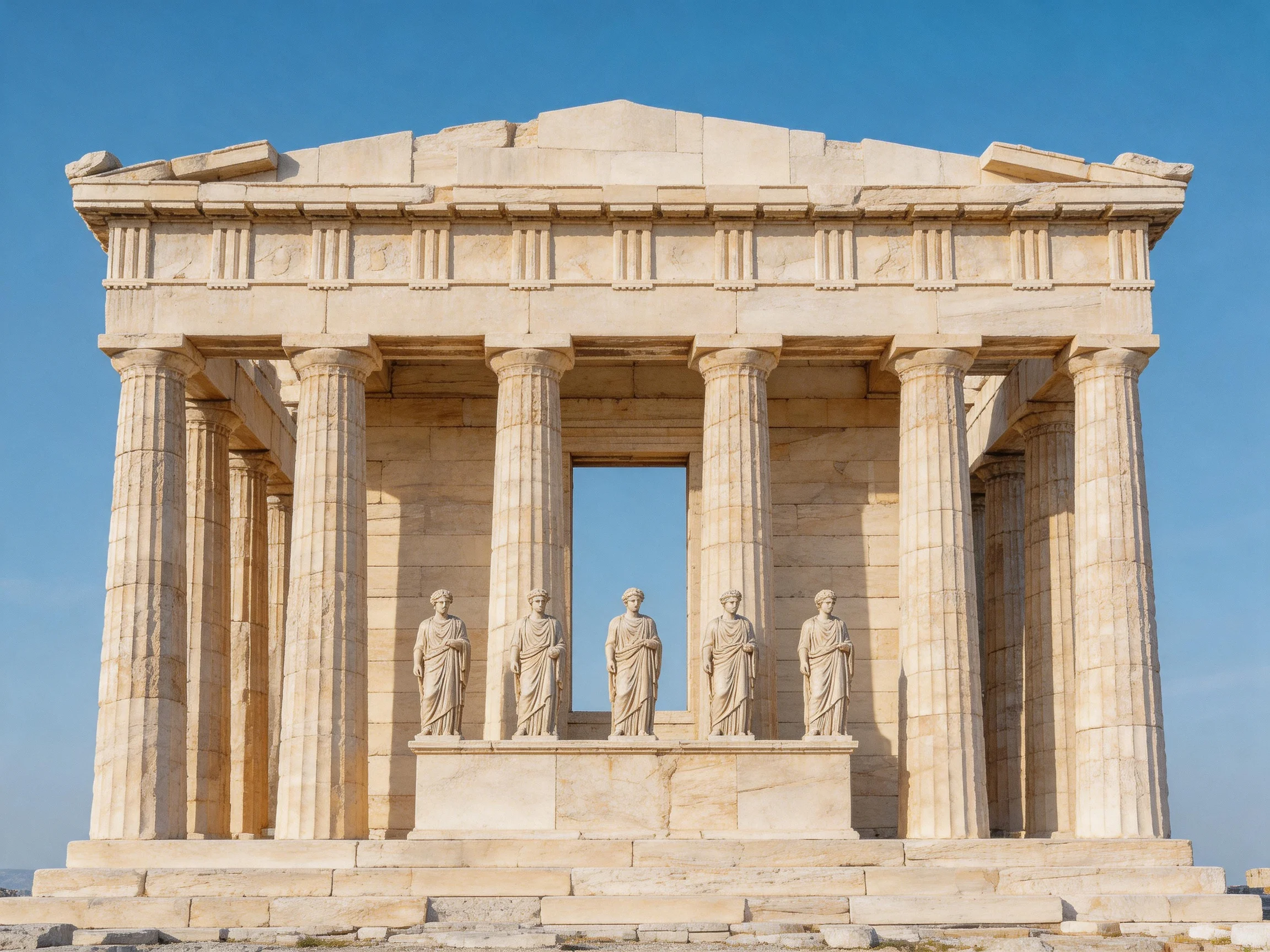 Ancient Greek Temple with Tall Stone Columns and Sculptures