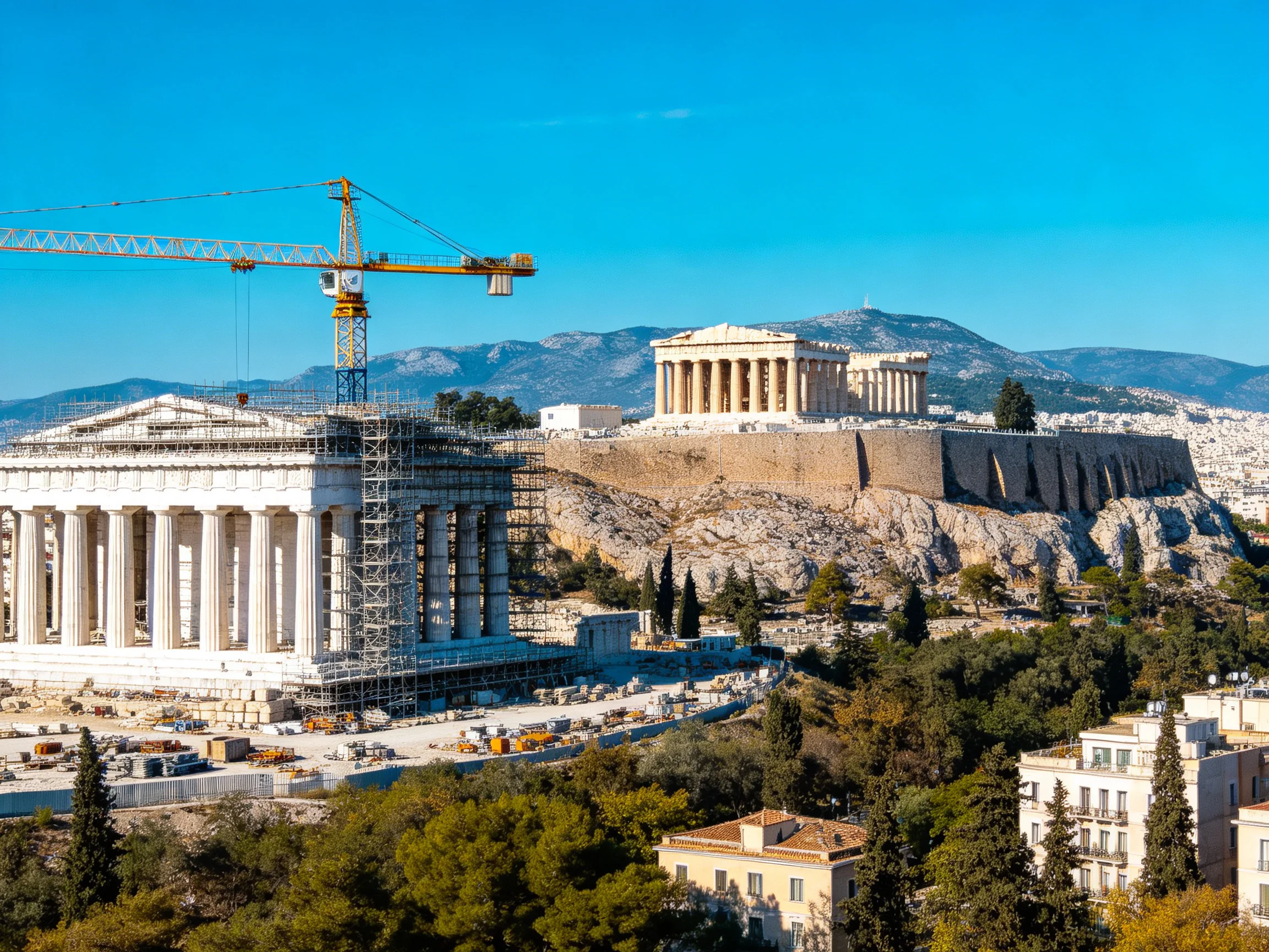 Ancient Greek temples with construction cranes on rocky hillside