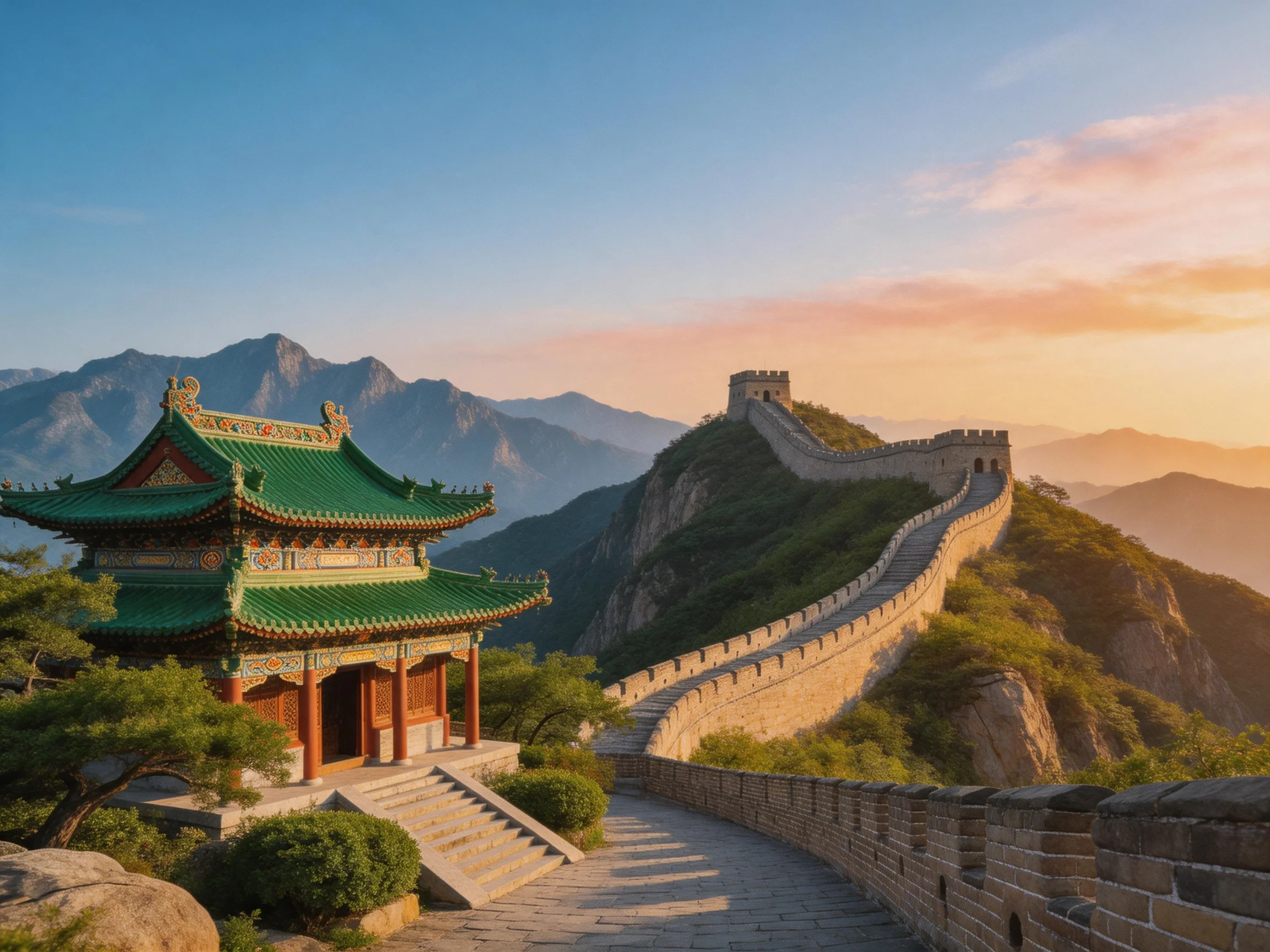 Ancient Green-Tiled Temple Near Historic Great Wall Under Sunset Mountains