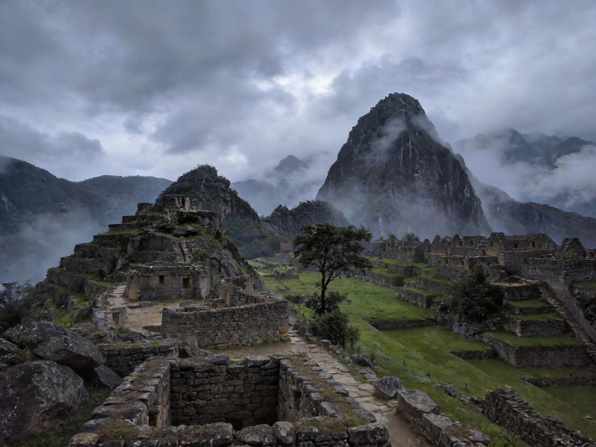 Ancient Incan Ruins Among Mist-Shrouded Mountain Peaks