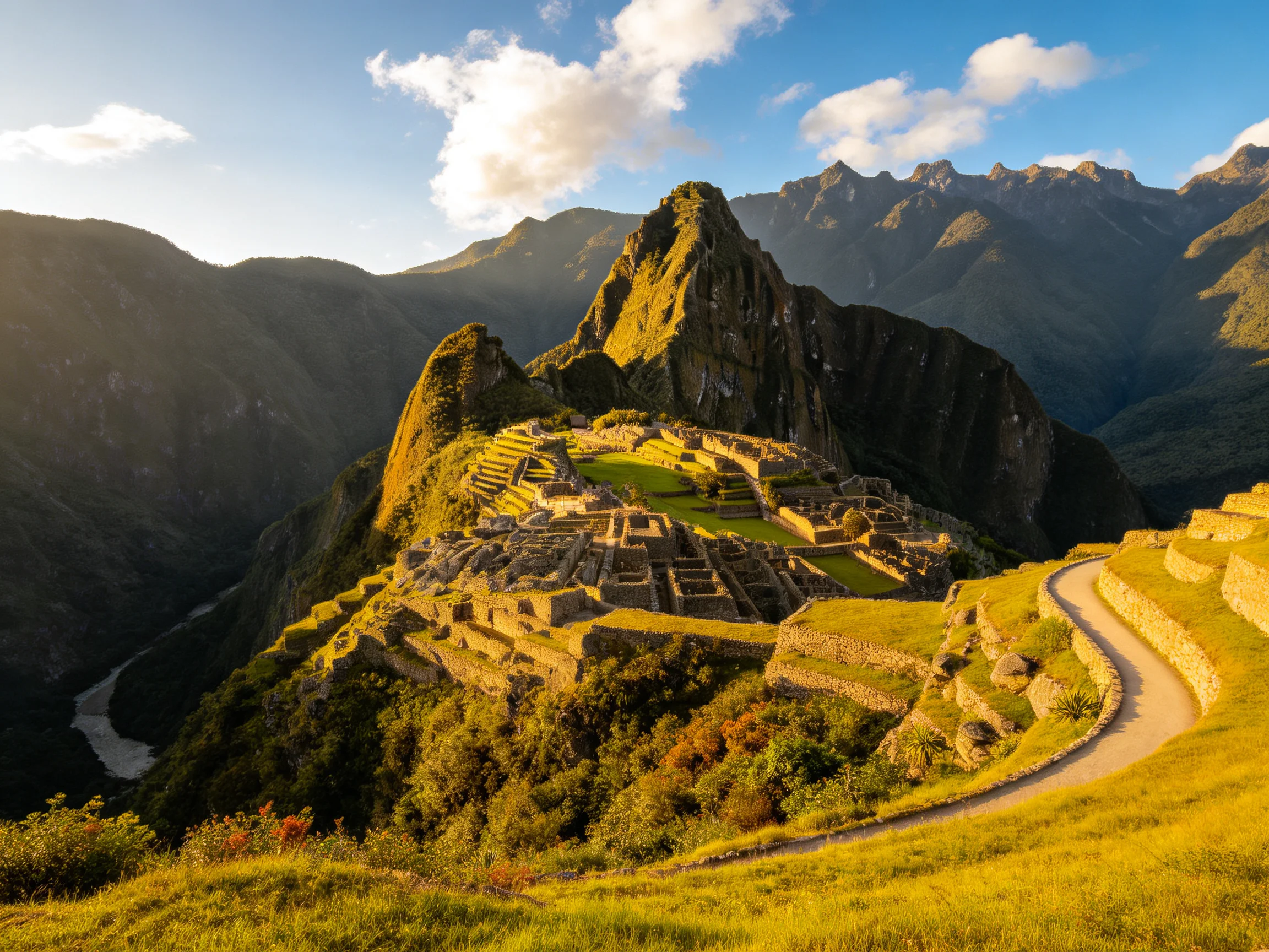 Ancient Incan Ruins at Machu Picchu with Green Terraces and Mountainous Backdrop