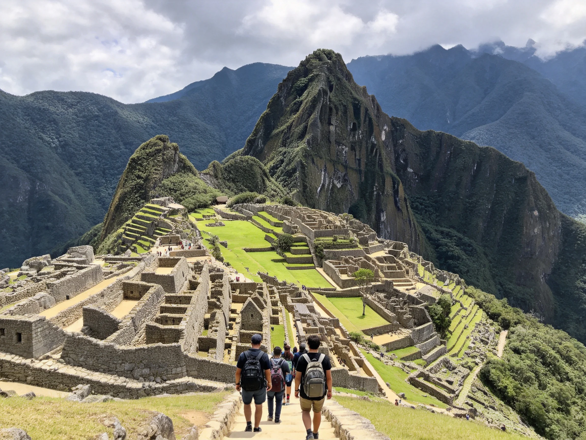 Ancient Incan Ruins of Machu Picchu with Lush Green Terraces and Majestic Mountains