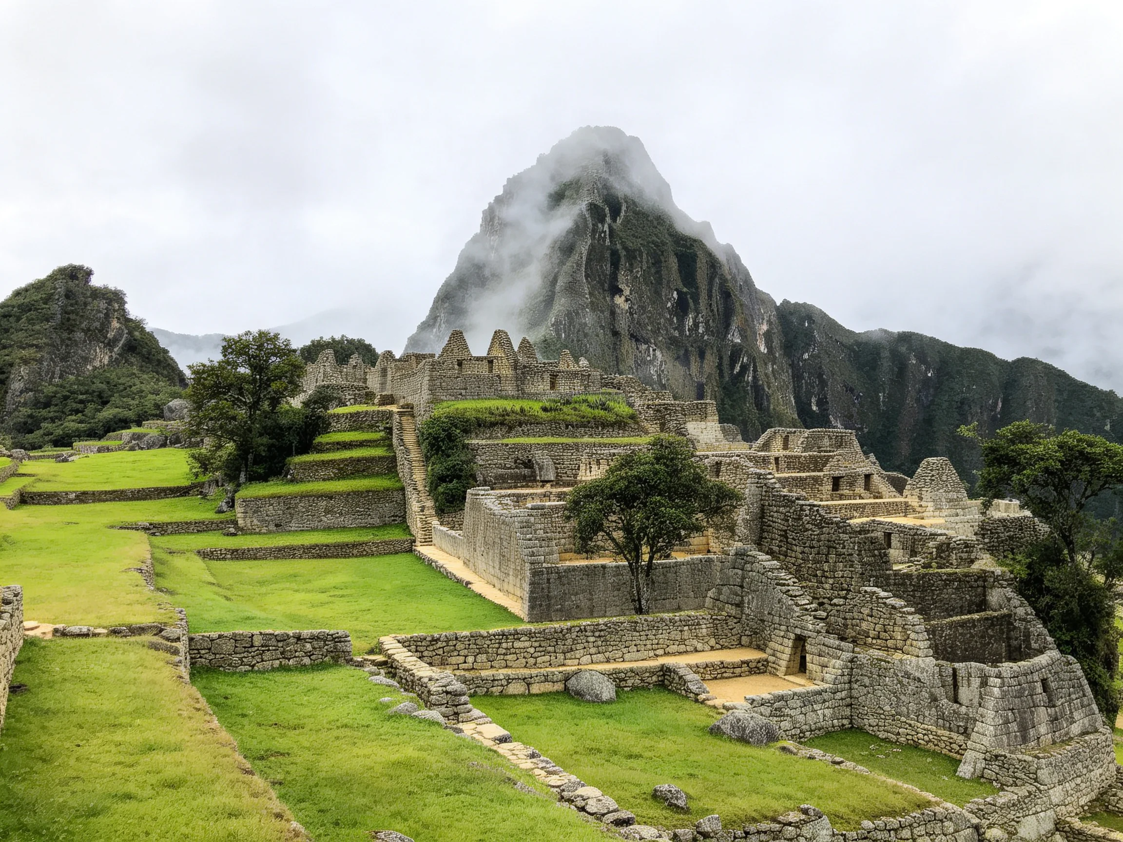 Ancient Incan Ruins with Green Terraced Fields and Misty Mountain