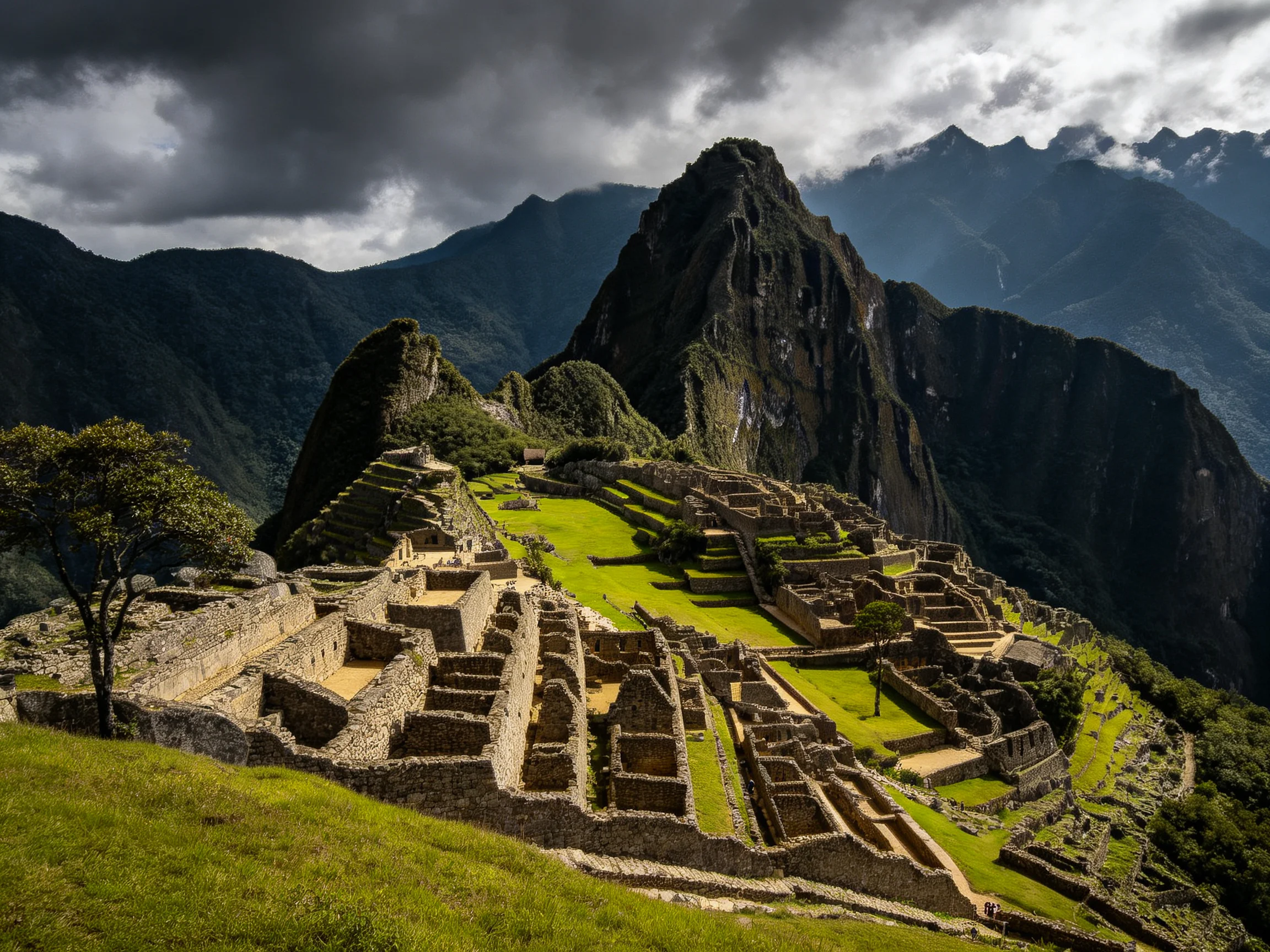 Ancient Incan Ruins with Lush Green Terraces and Mountainous Backdrop