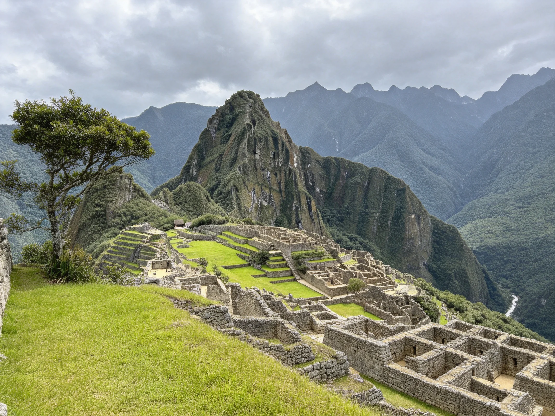 Ancient Incan Ruins with Lush Green Terraces and Mountainous Backdrop