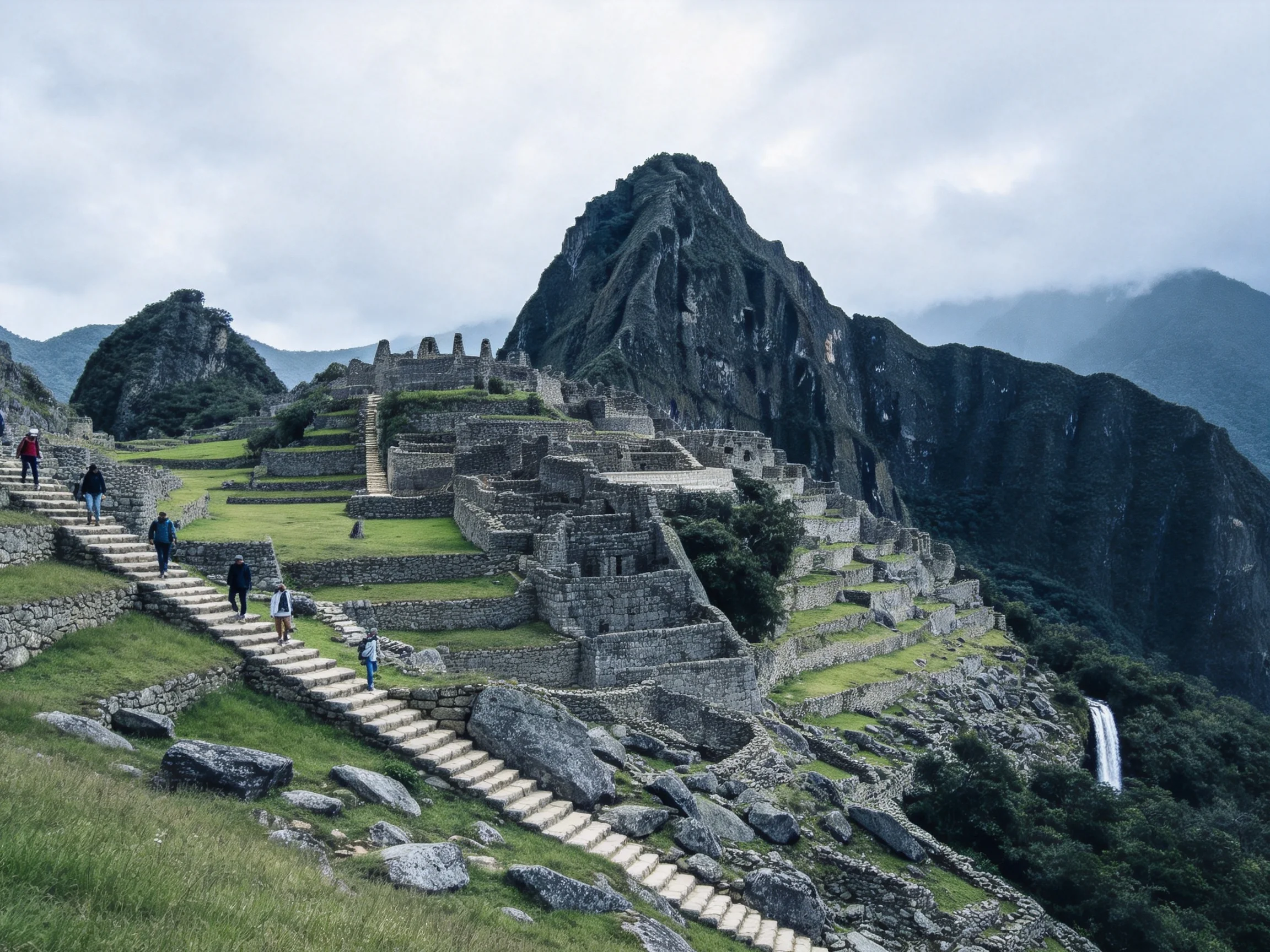 Ancient Incan Ruins with Stone Steps and Mountain Peaks