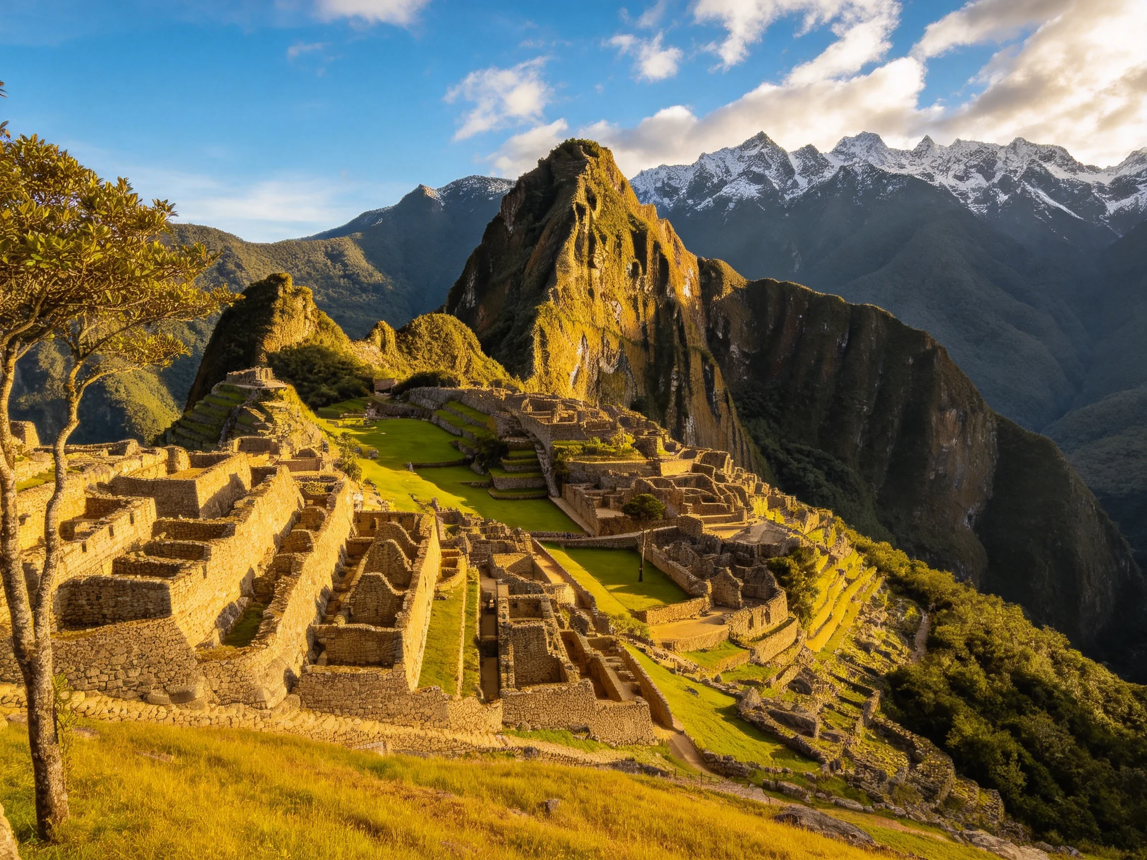 Ancient Incan ruins atop a mountain with snow-capped peaks