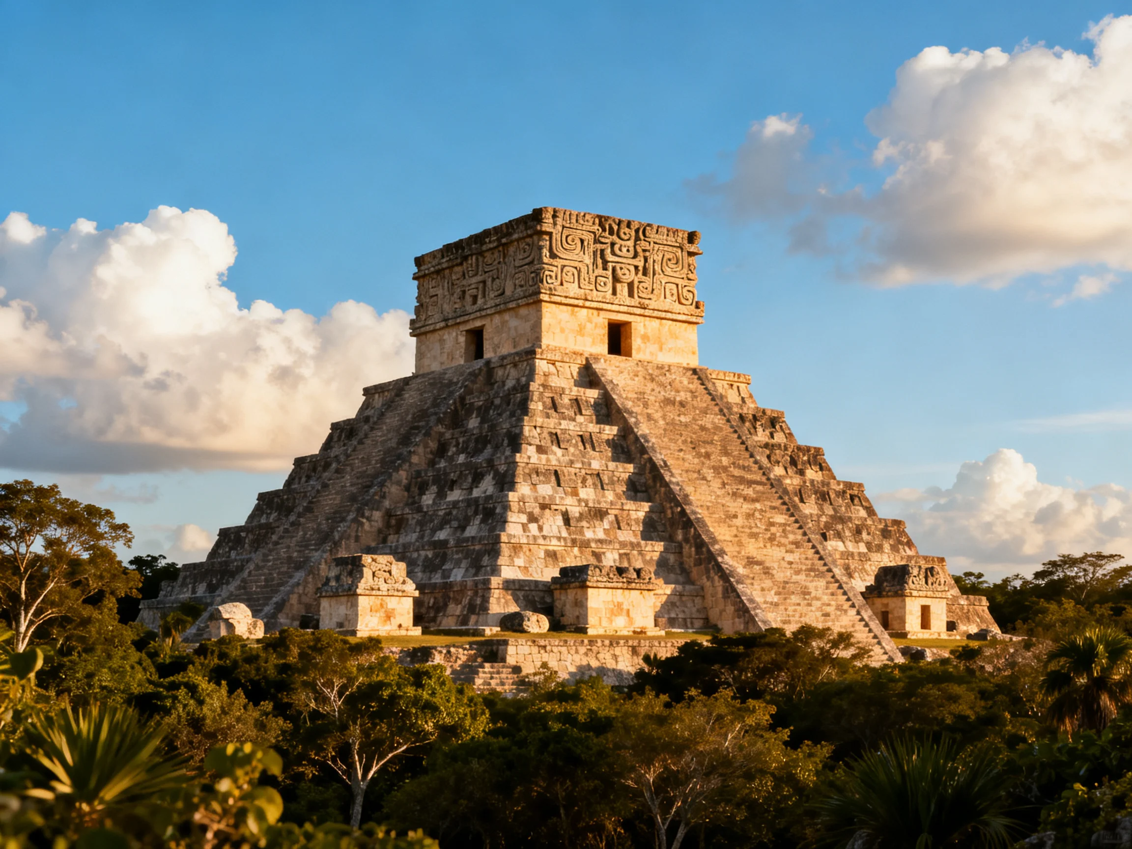 Ancient Mayan Pyramid with Stone Structure and Blue Sky