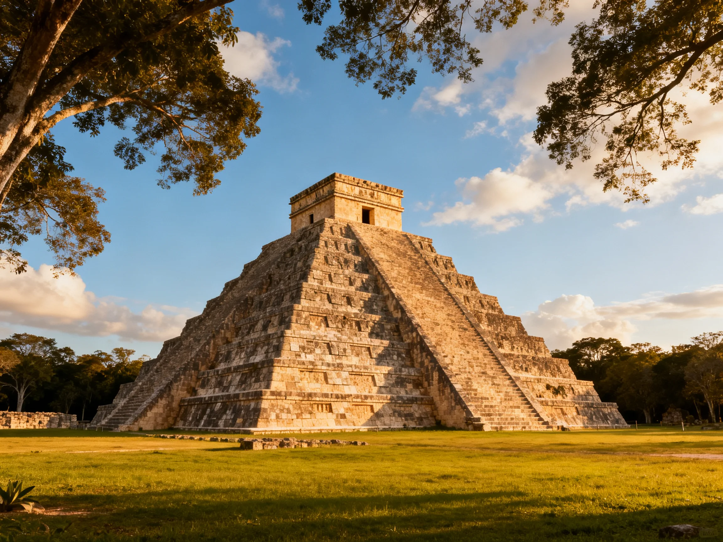 Ancient Mayan Pyramid with Stone Structure and Lush Green Lawn