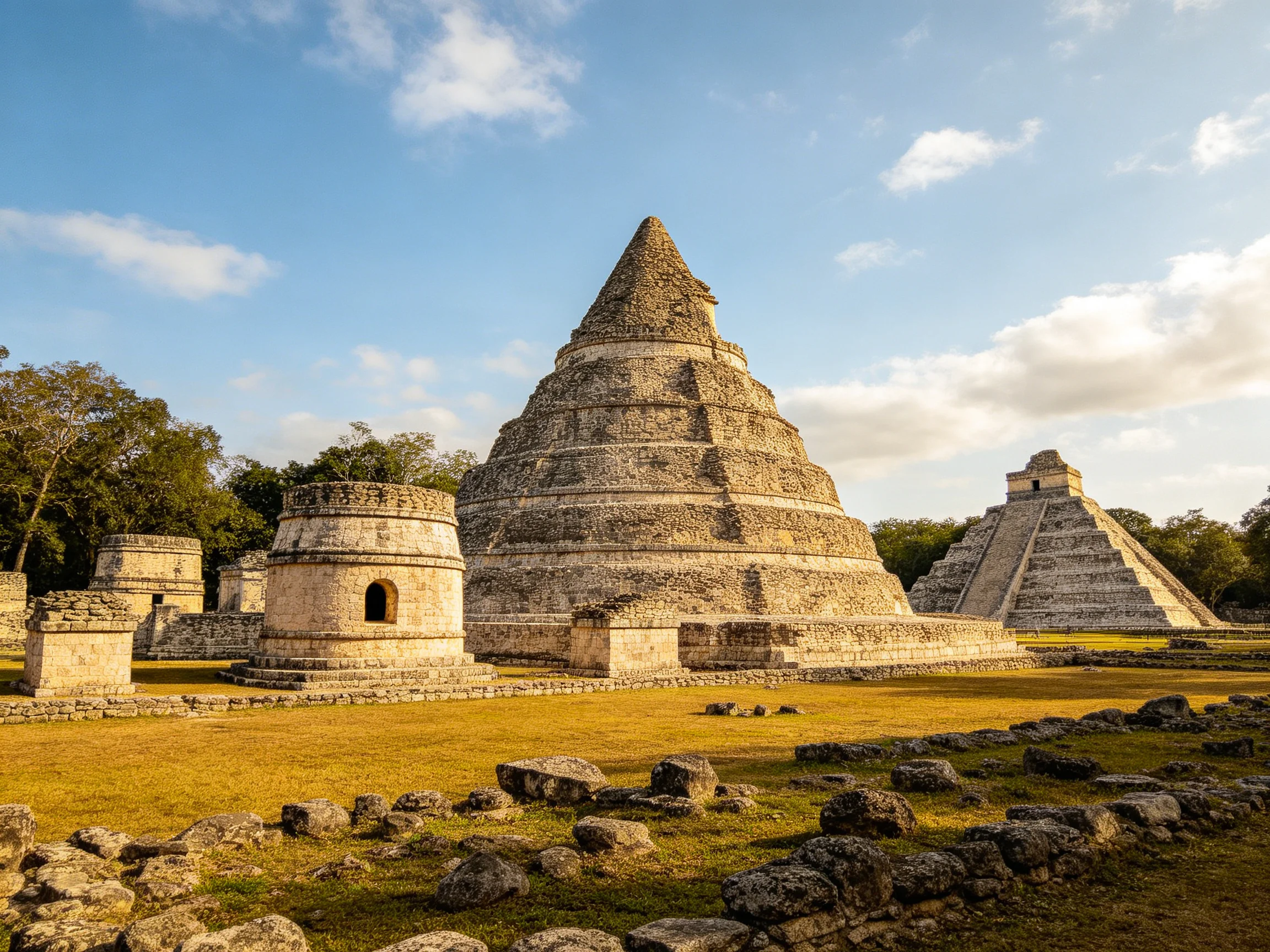 Ancient Mayan Ruins with Stone Pyramids and Circular Structures