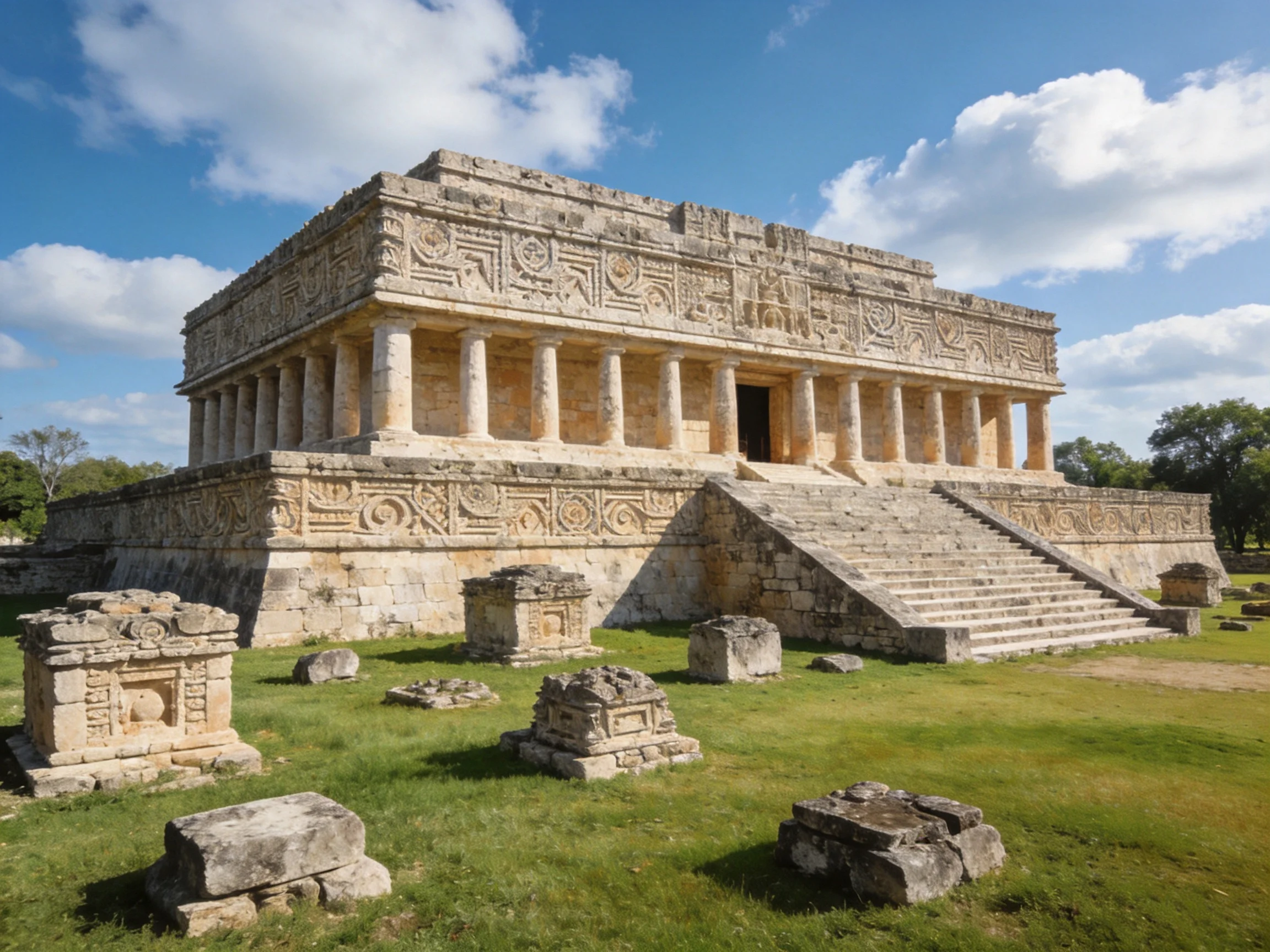 Ancient Mayan Temple Ruins with Stone Carvings and