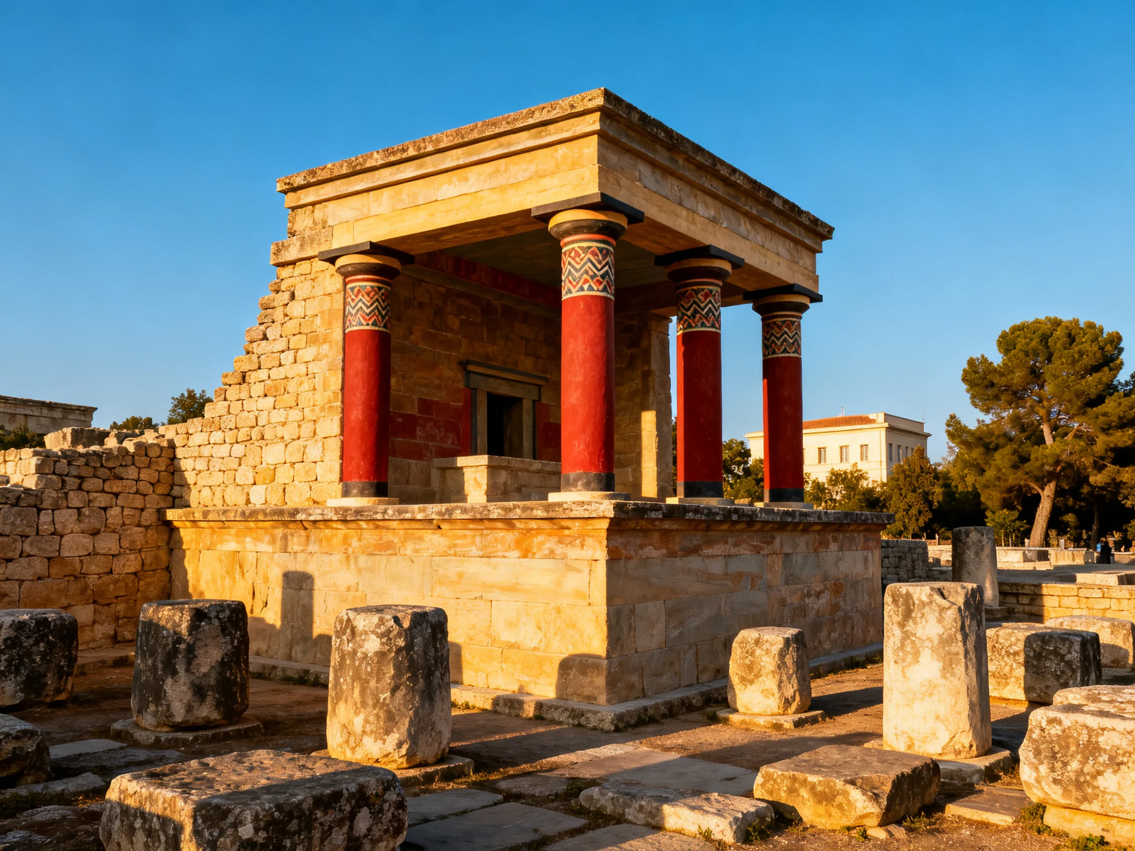Ancient Minoan Ruins with Red-Carved Columns and Stone Remnants