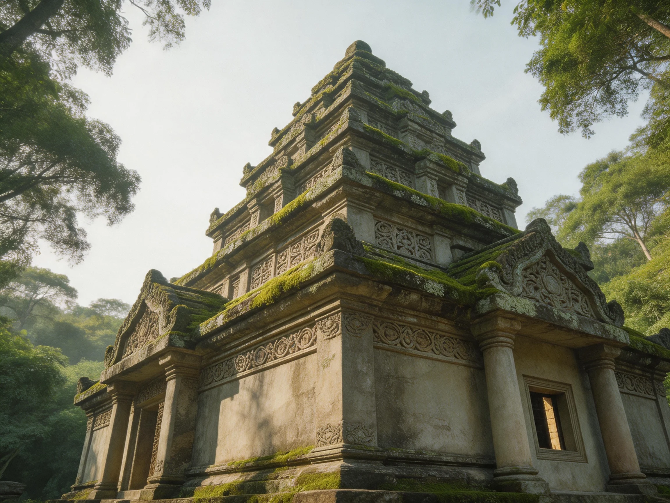Ancient Moss-Covered Stone Temple Amid Lush Greenery