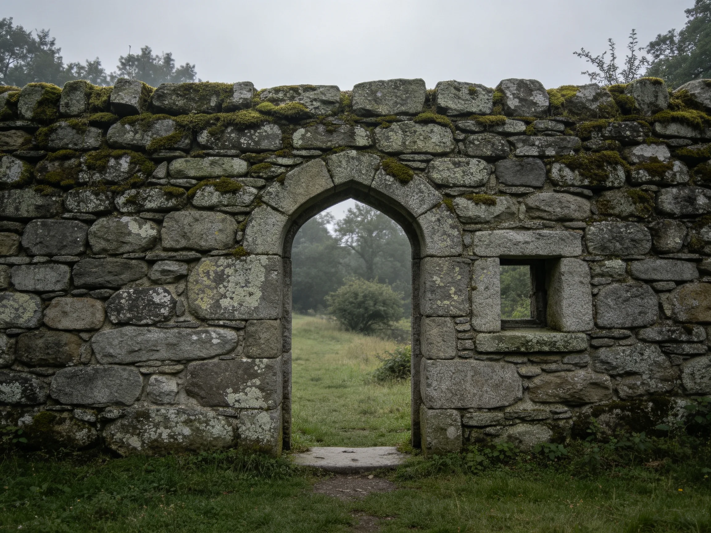 Ancient Moss-Covered Stone Wall with Arched Gateway