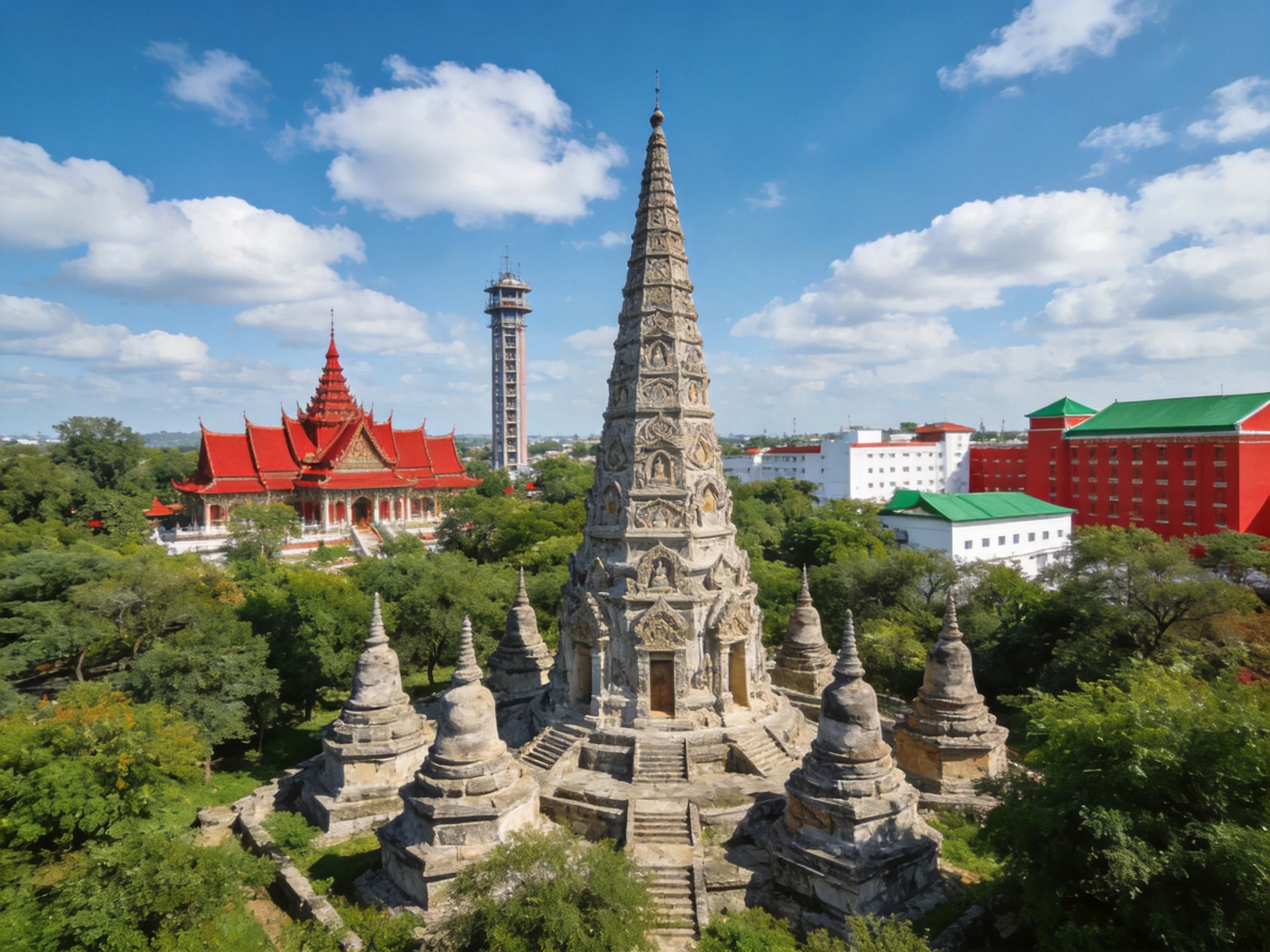 Ancient Pagoda Complex with Red Temples and Lush Greenery