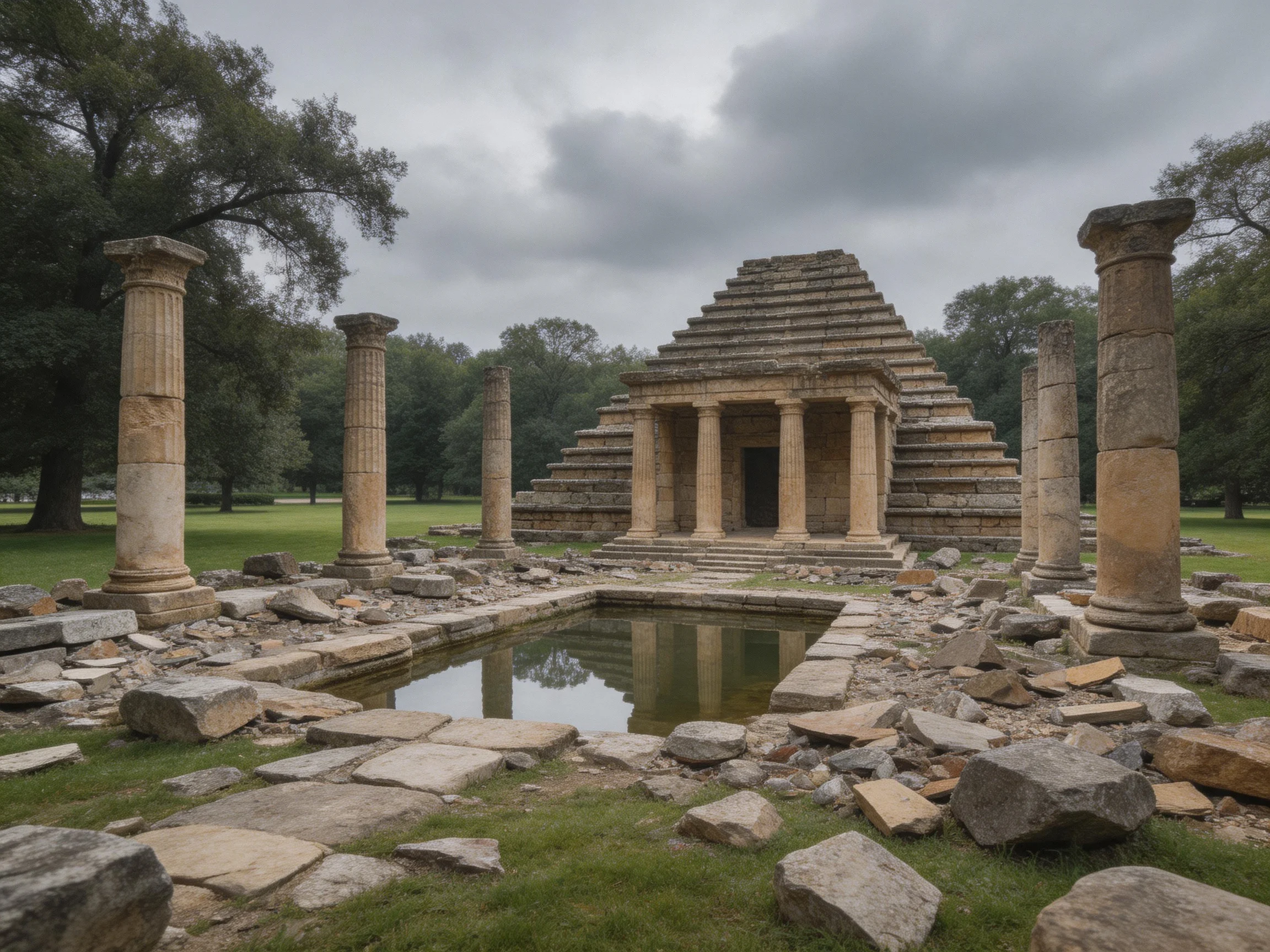 Ancient Pyramid Ruins with Stone Columns and Reflective Pool