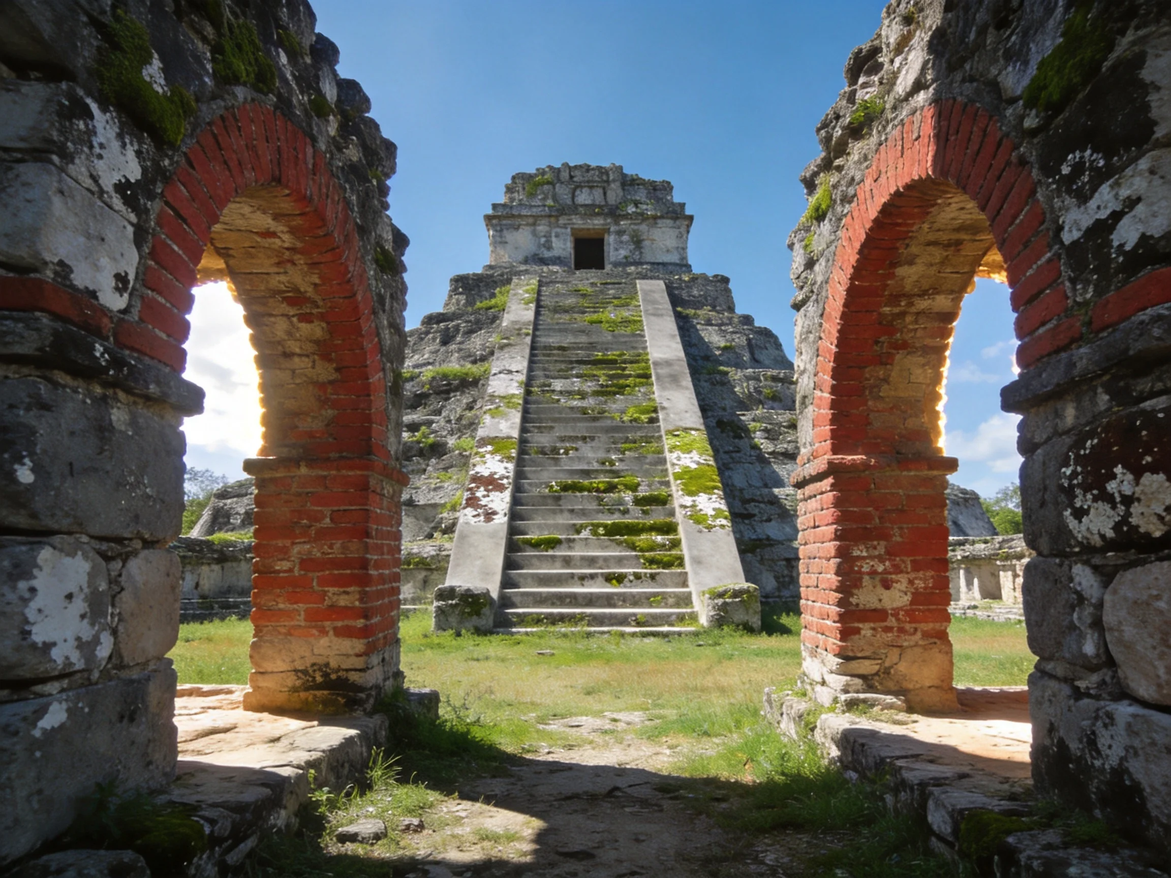 Ancient Pyramid with Red Brick Arches and Moss-Covered Ruins