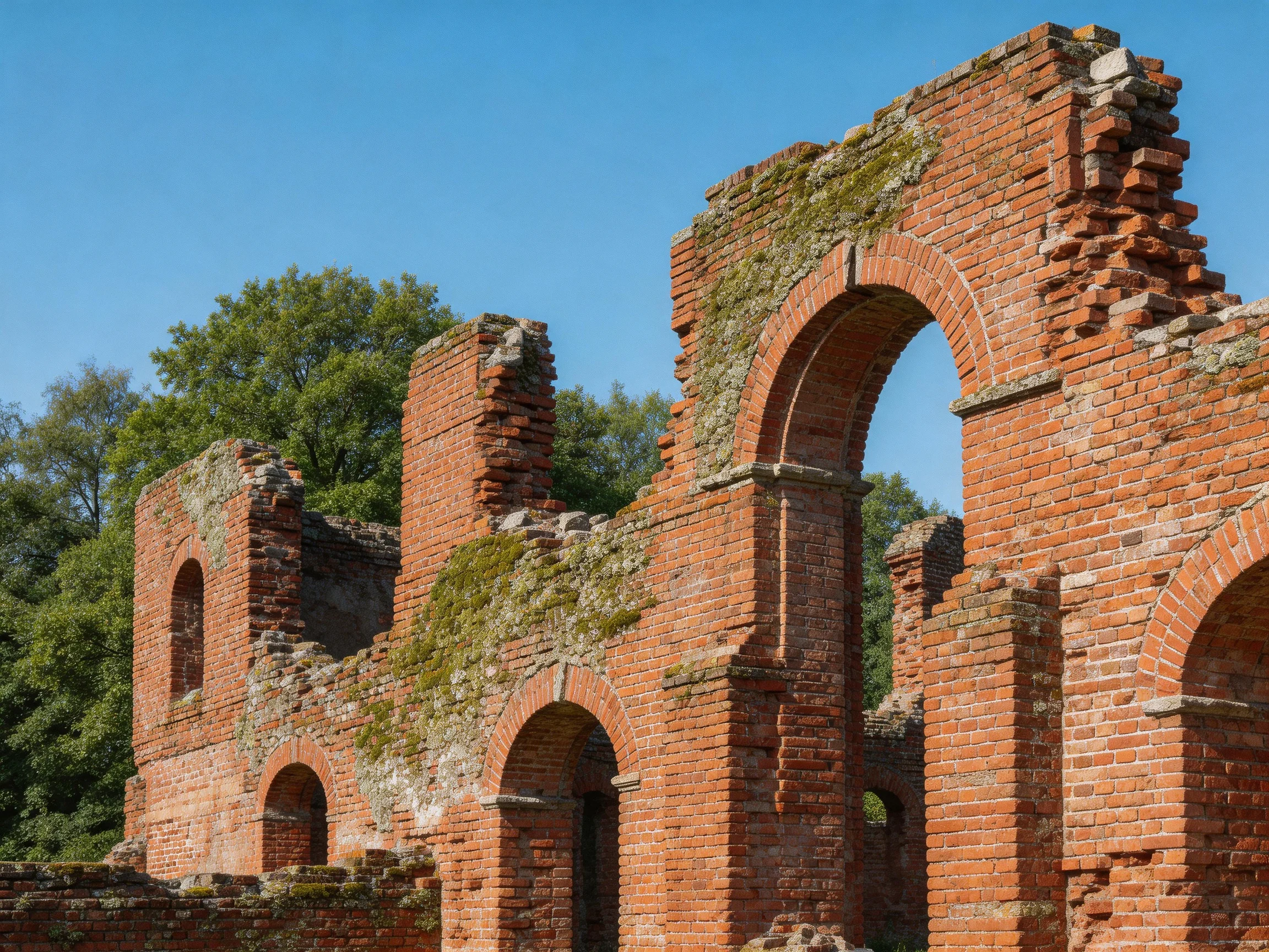 Ancient Red Brick Ruin with Arched Structures and Moss