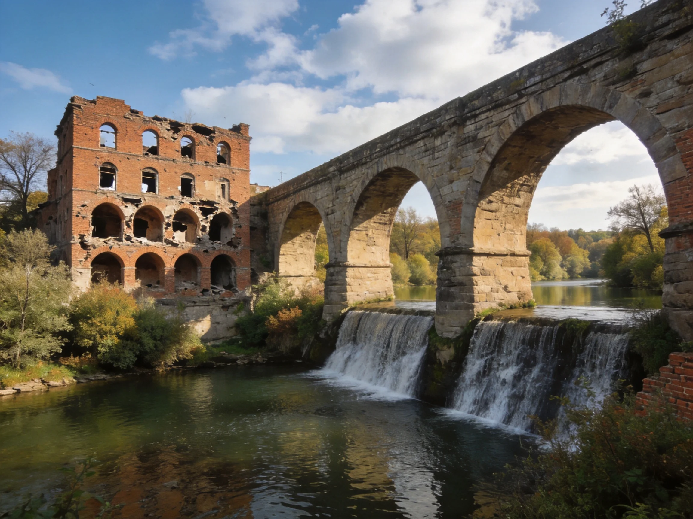 Ancient Red Brick Ruins Near Stone Arch Bridge Over Waterfall