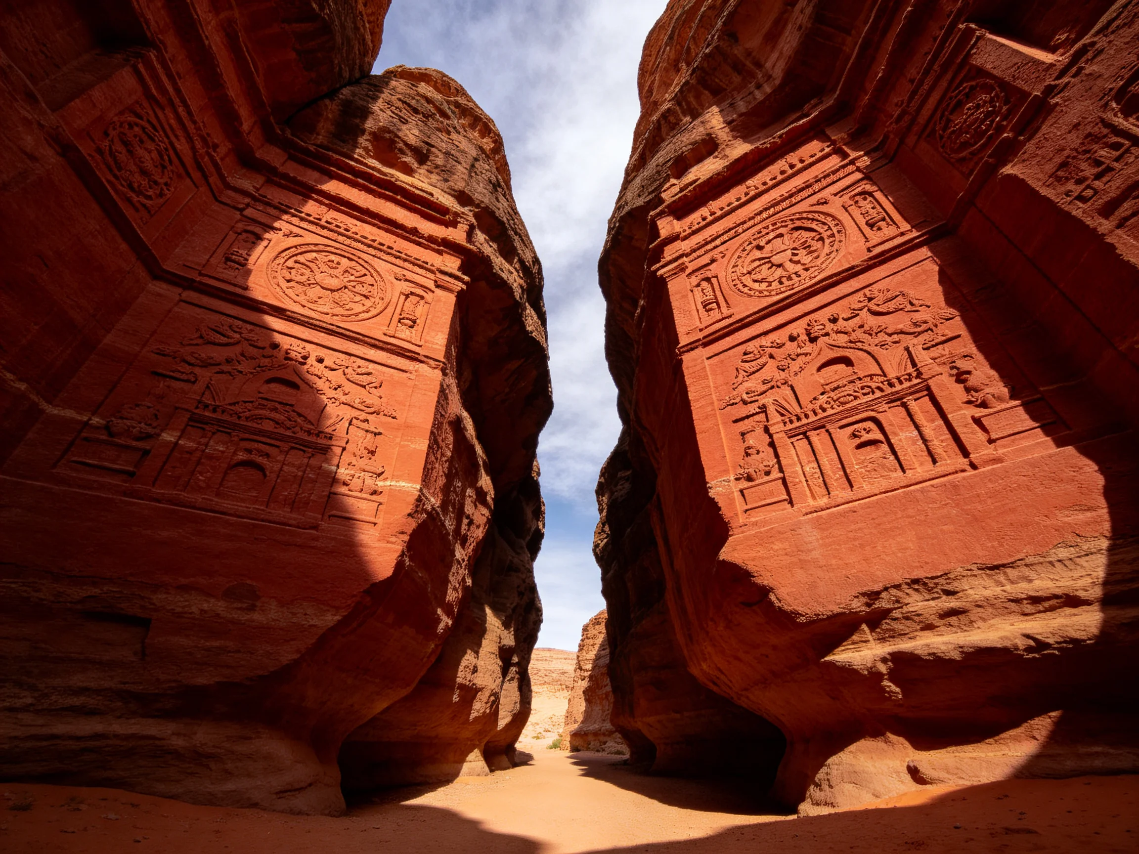 Ancient Red Rock Carvings Between Towering Stone Walls