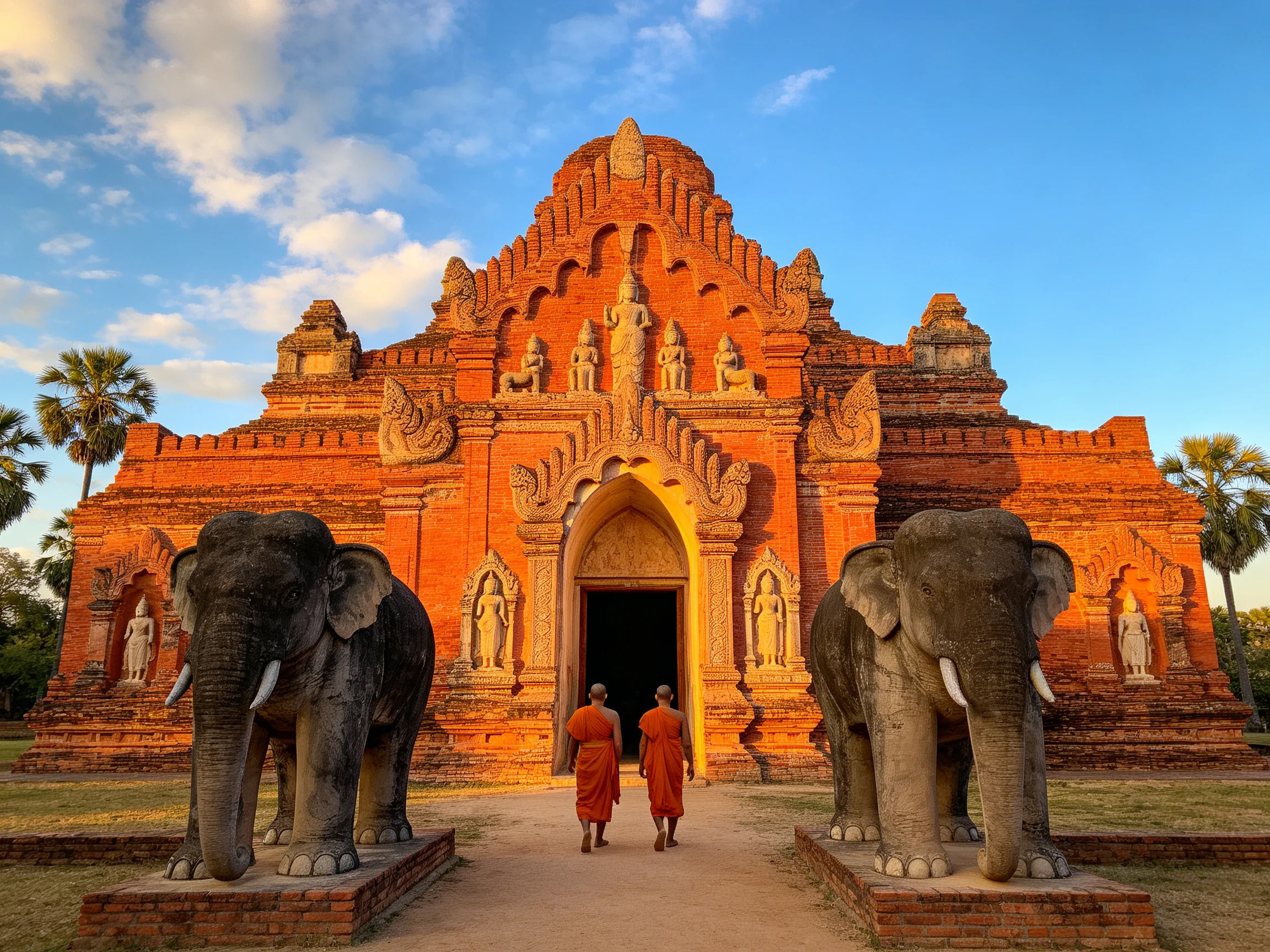 Ancient Red Temple with Stone Elephants and Monks