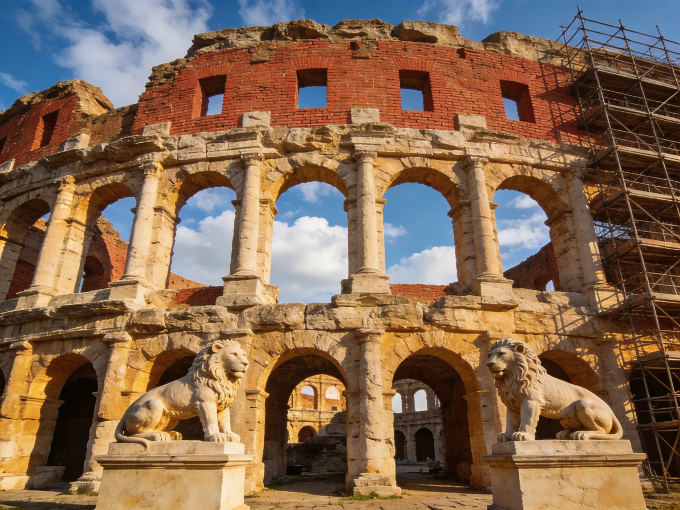 Ancient Roman Amphitheater with Red Brick Walls and Stone Arches