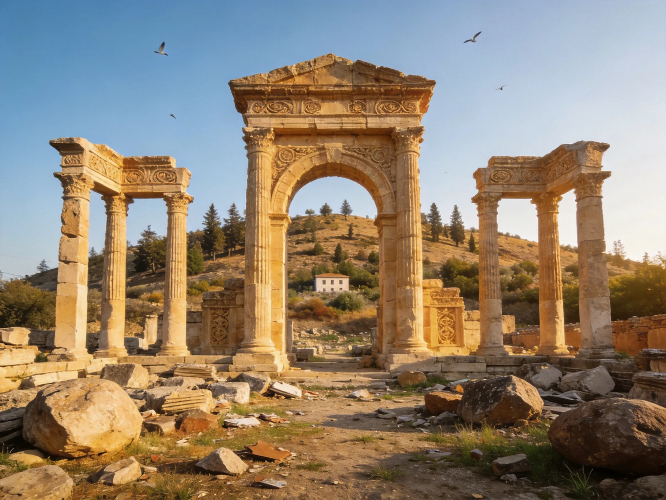 Ancient Roman Arch Ruins with Golden Stone Columns Under Clear Blue Sky