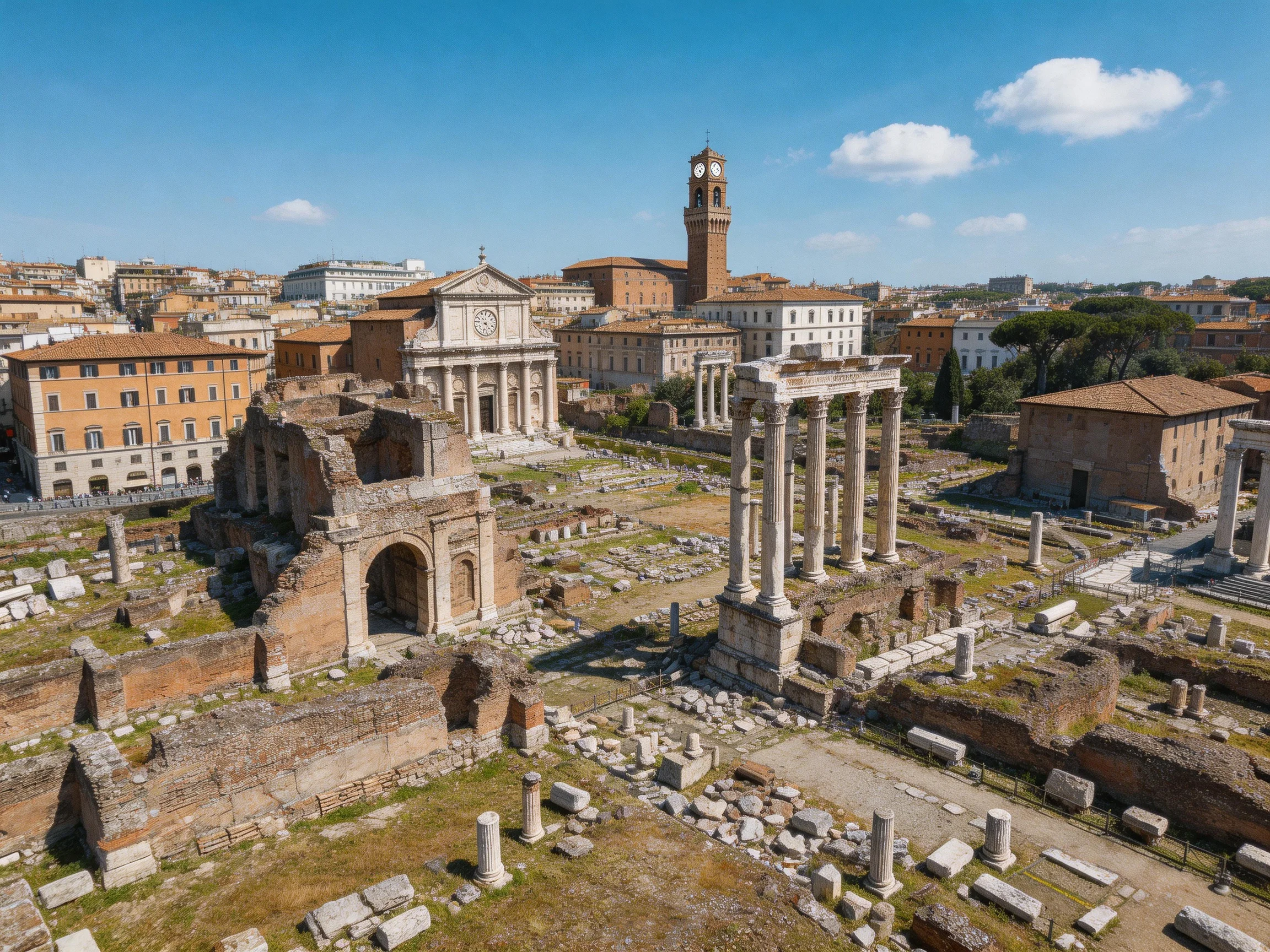 Ancient Roman Archaeological Site with Stone Columns and Historic Buildings