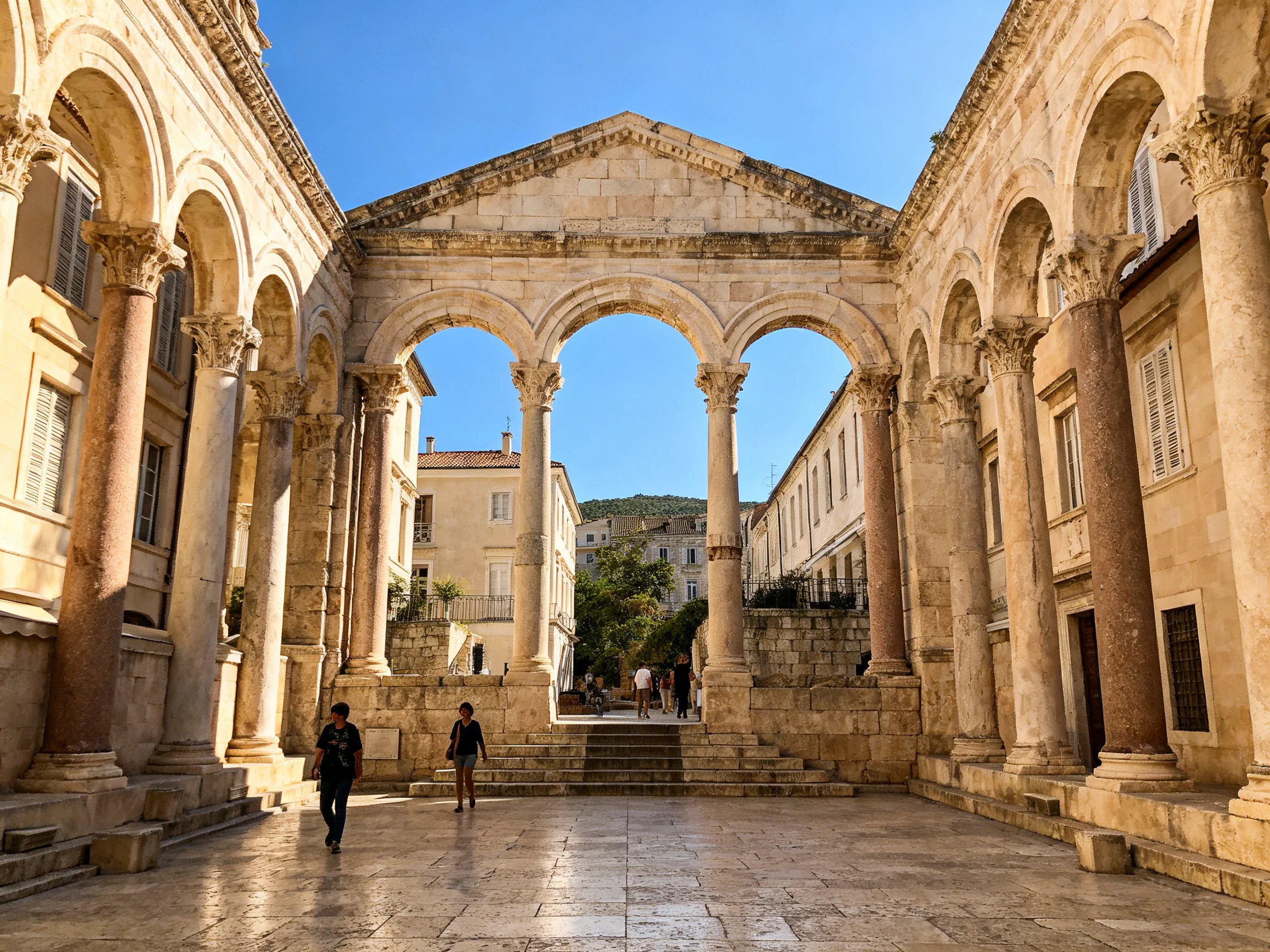 Ancient Roman Archway Courtyard with Three Large Arches and Stone Columns