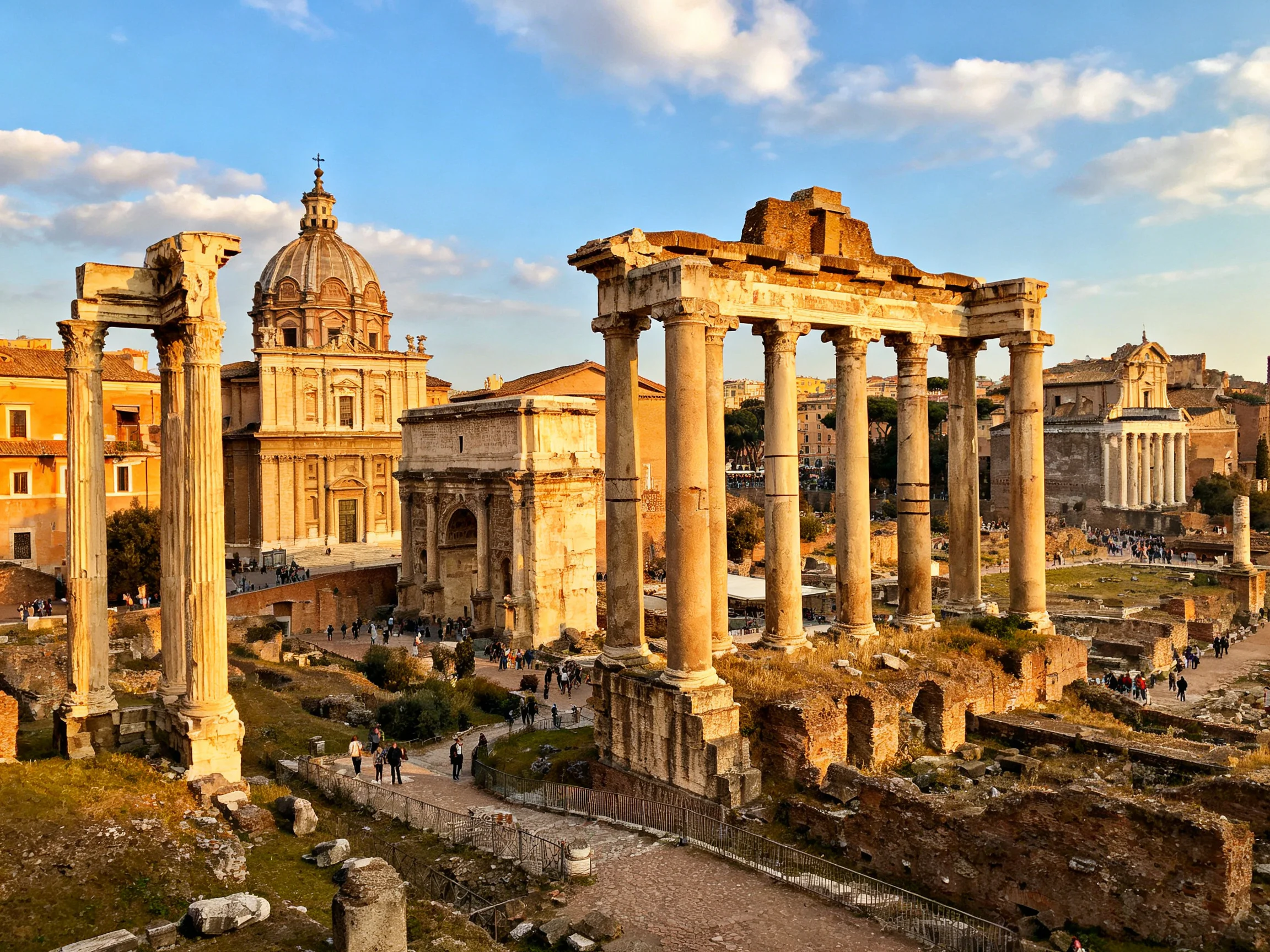 Ancient Roman Forum Ruins with Historic Structures and Tourists