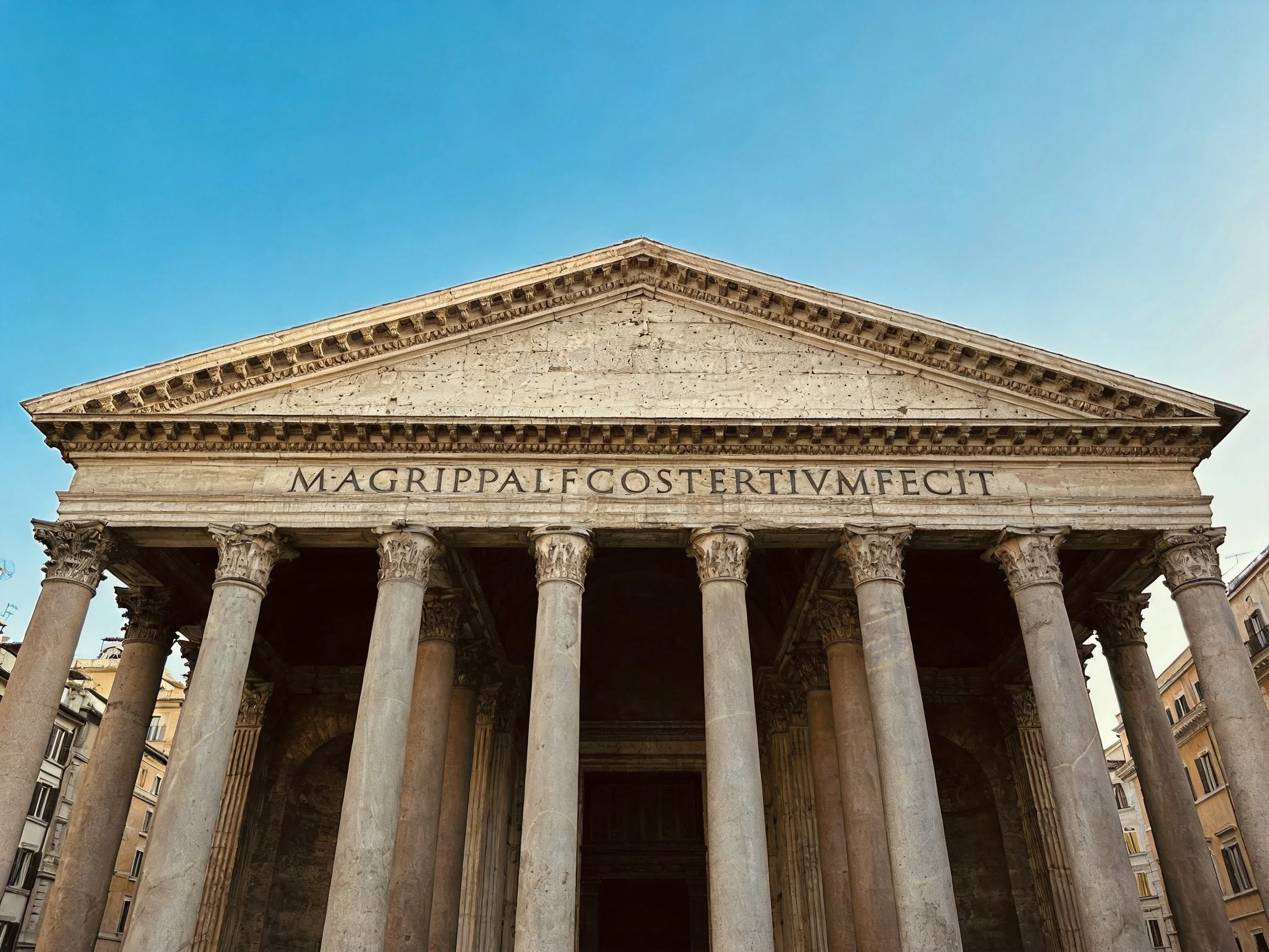 Ancient Roman Pantheon Temple with Tall Stone Columns Under Clear Blue Sky