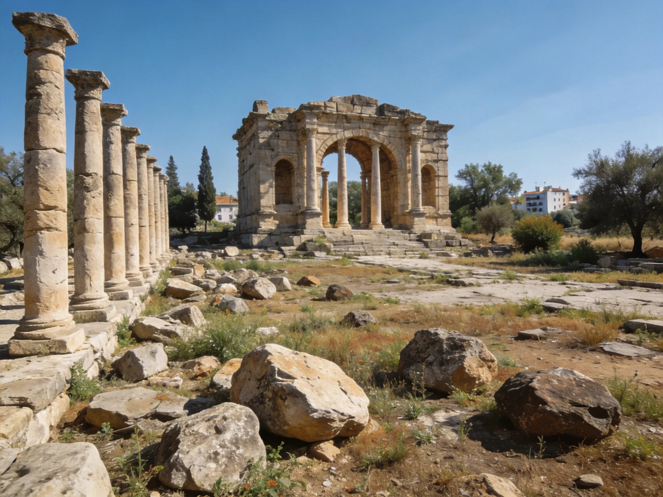 Ancient Roman Ruin Site with Stone Columns and Arched Structure