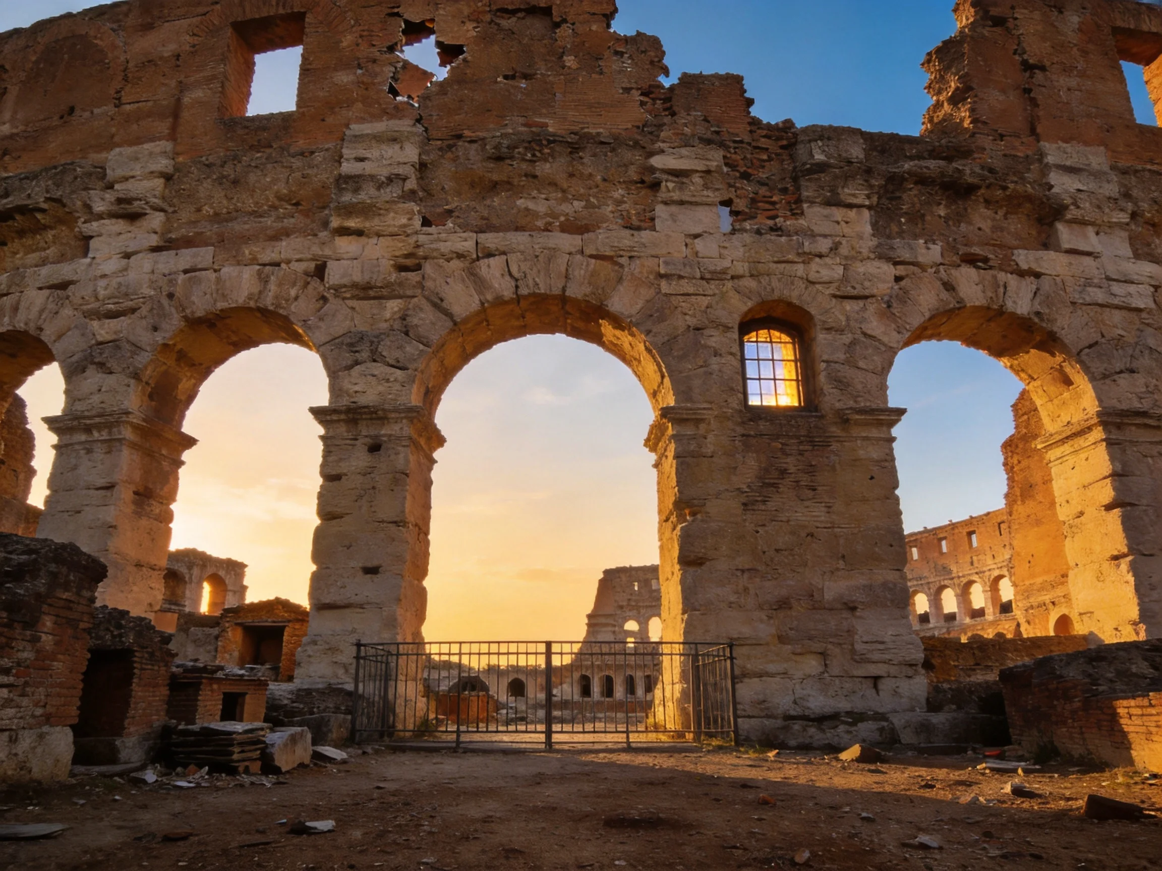 Ancient Roman Ruin Structures with Arched Openings at Sunset