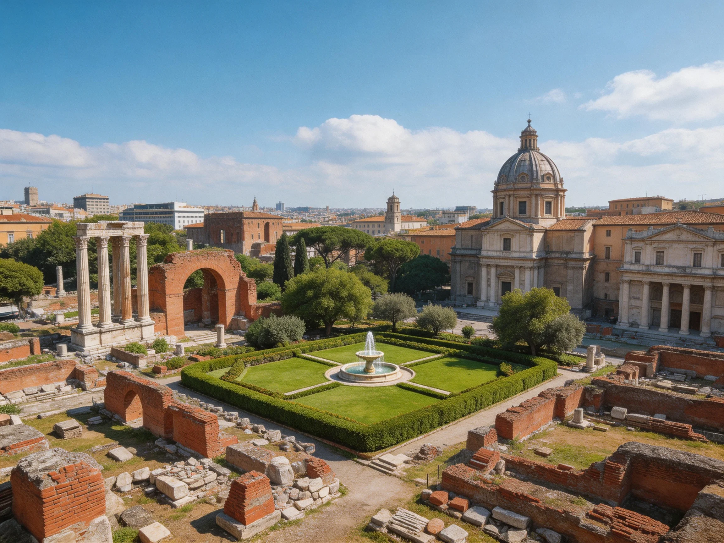 Ancient Roman Ruins with Central Fountain and Historic Building
