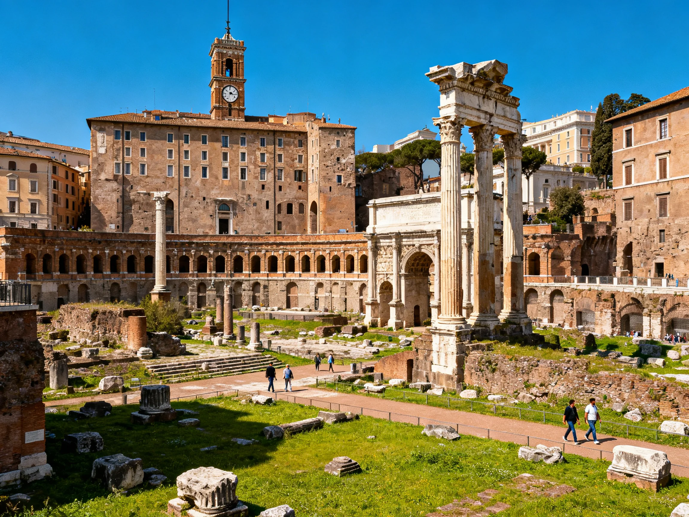 Ancient Roman Ruins with Historic Buildings and Blue Sky
