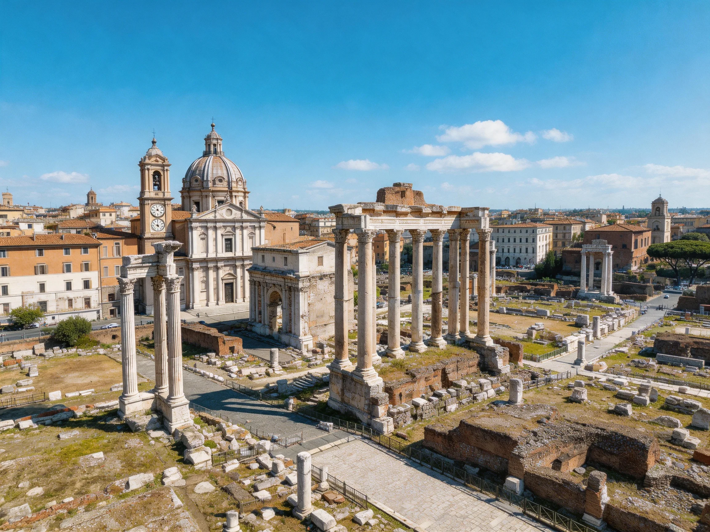 Ancient Roman Ruins with Historic Columns and Baroque Church