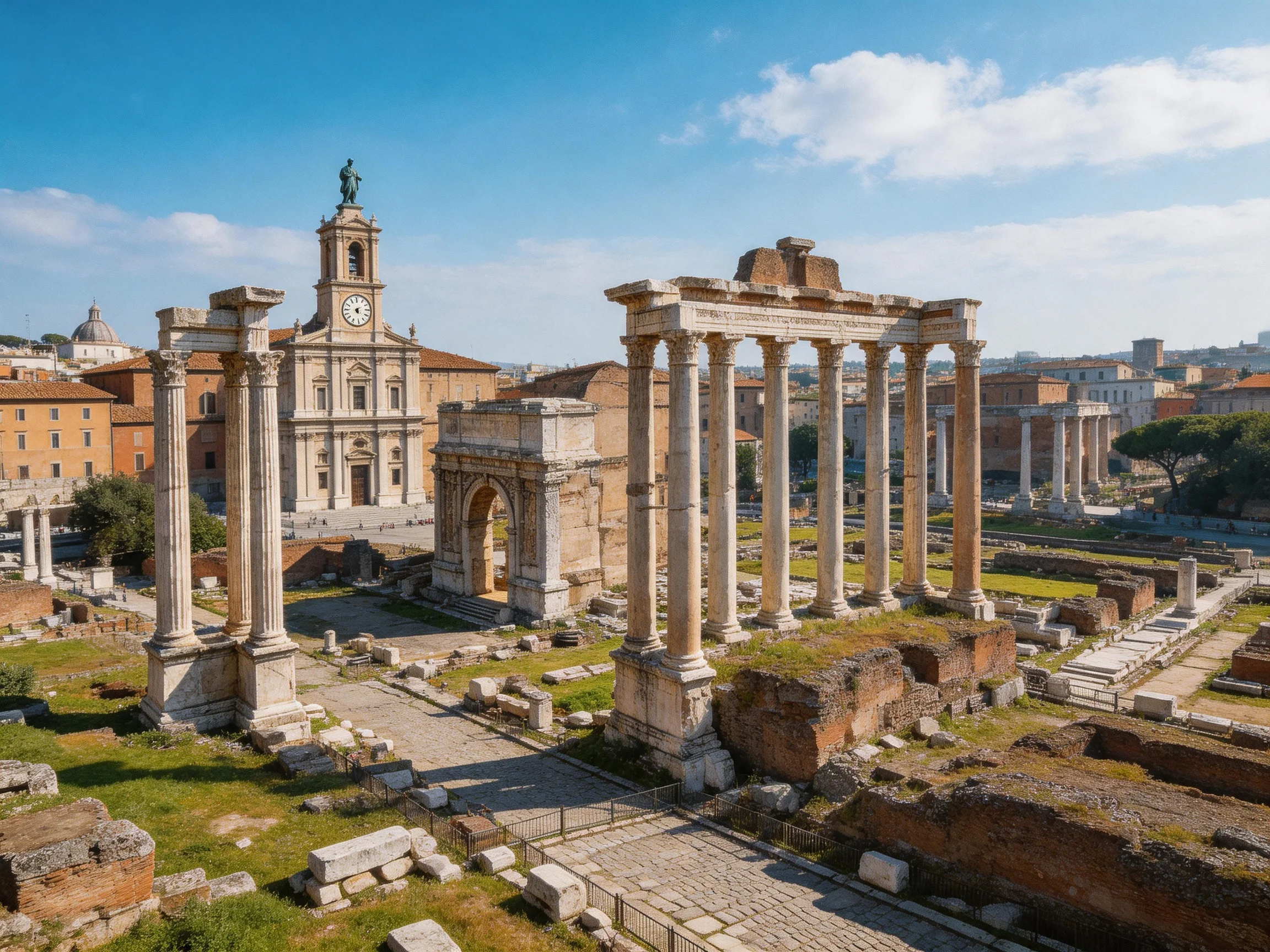 Ancient Roman Ruins with Historic Columns and Clock Tower
