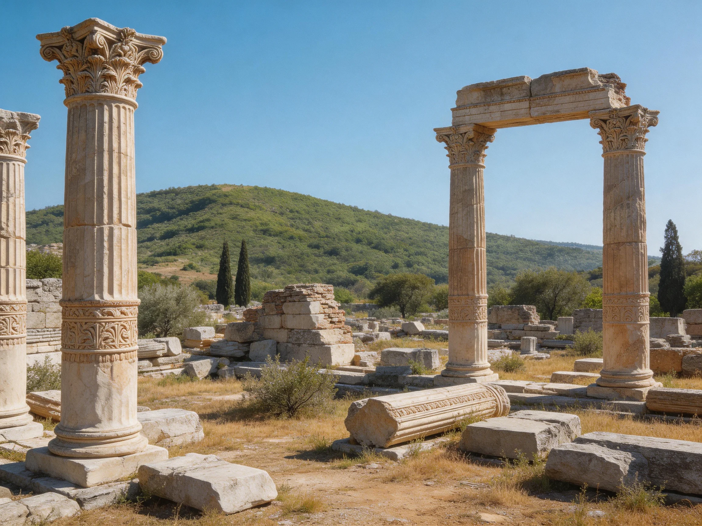 Ancient Roman Ruins with Ornate Columns and Green Hillside
