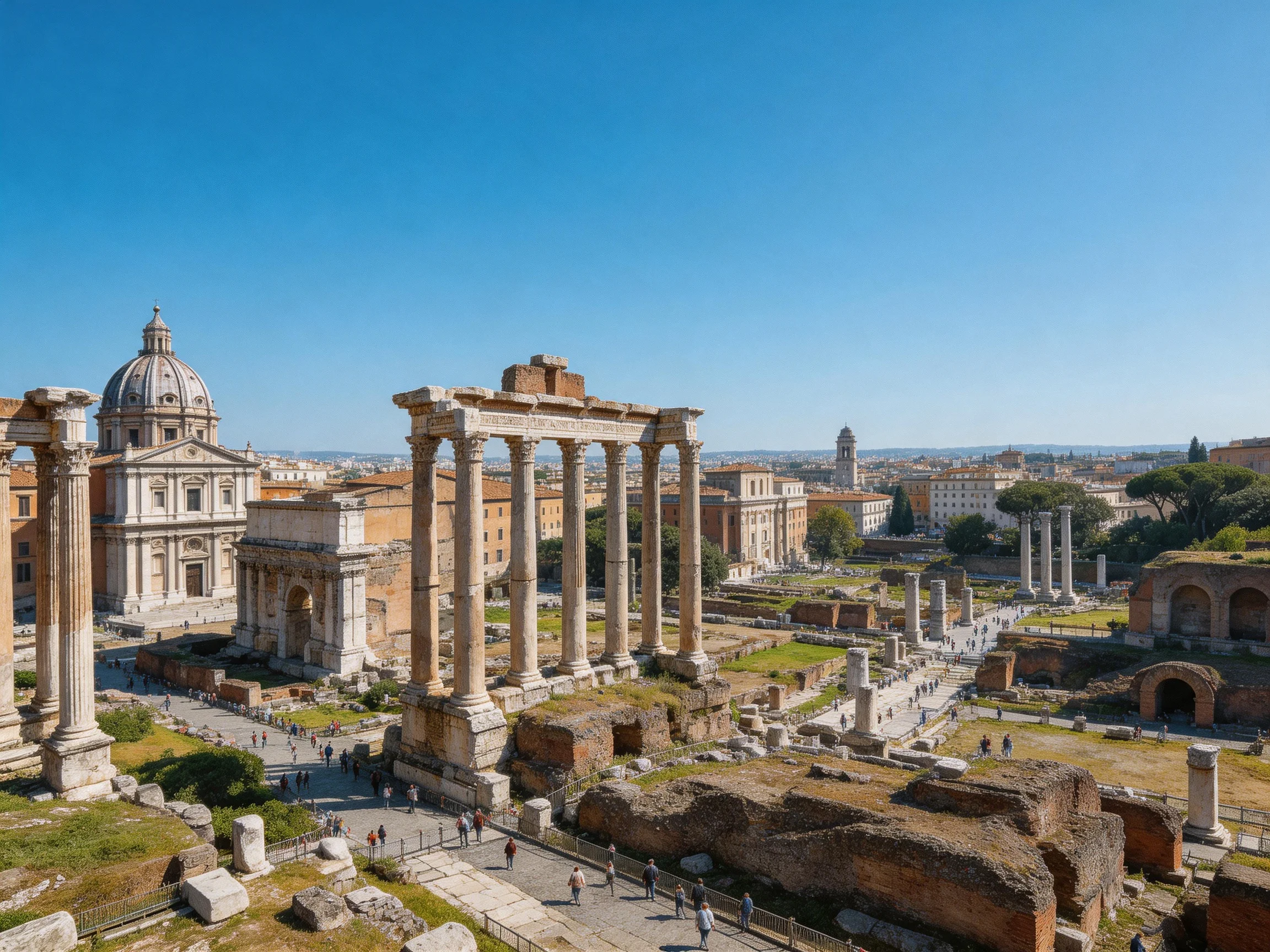 Ancient Roman Ruins with Stone Columns Under Clear Blue Sky