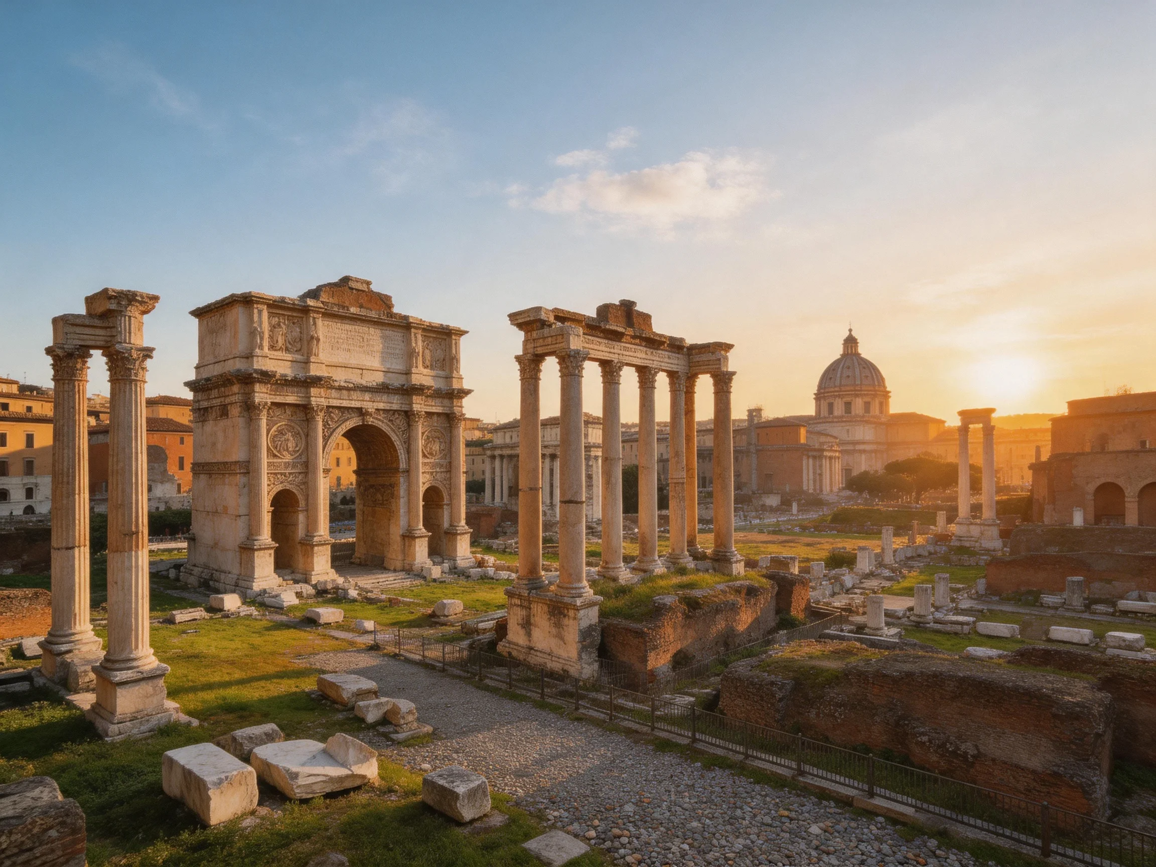 Ancient Roman Ruins with Stone Columns Under Golden Sunset