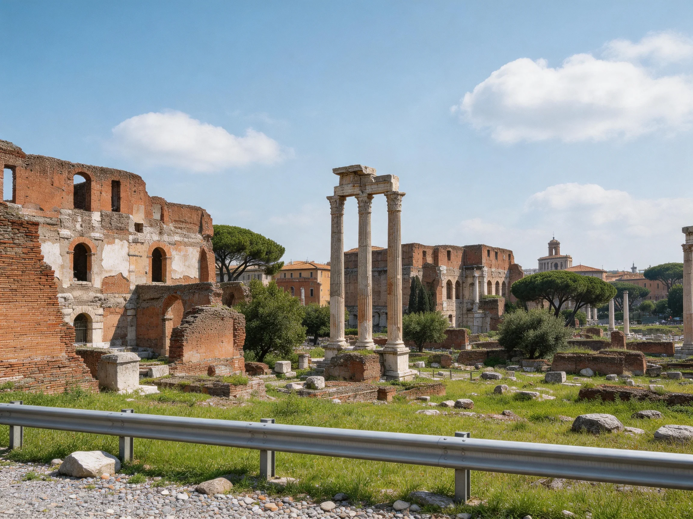Ancient Roman Ruins with Stone Columns and Brick Structures